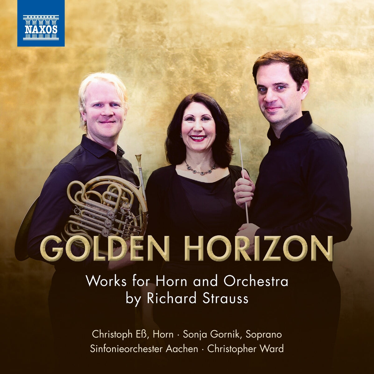 CD cover featuring three musicians with a golden horn and title “Golden Horizon”.