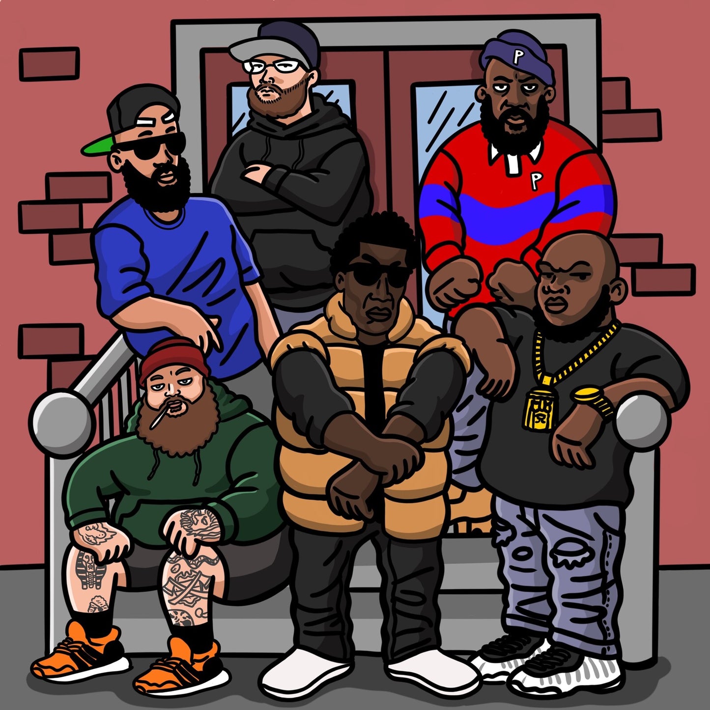 Cartoon illustration of six Black men in casual clothing posing on steps.