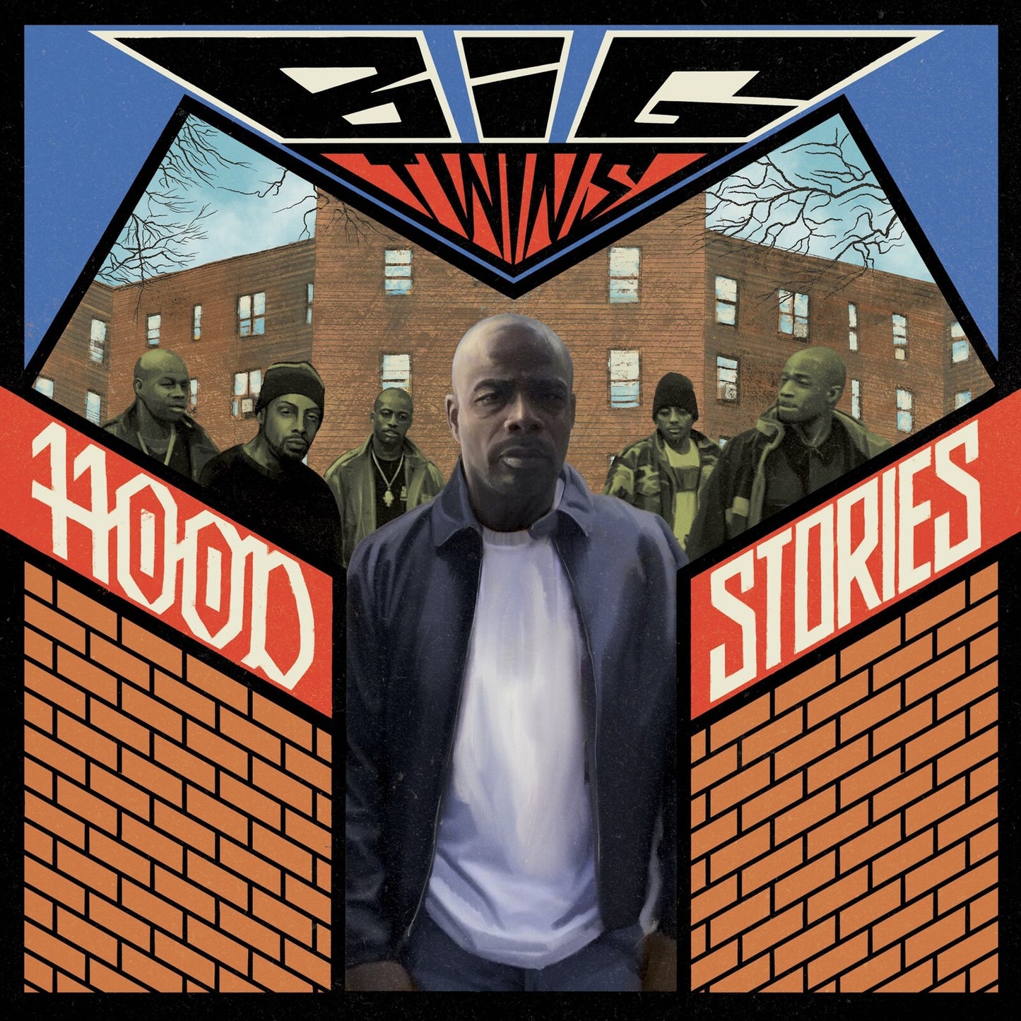 Album cover featuring five men in front of brick buildings with stylized text.
