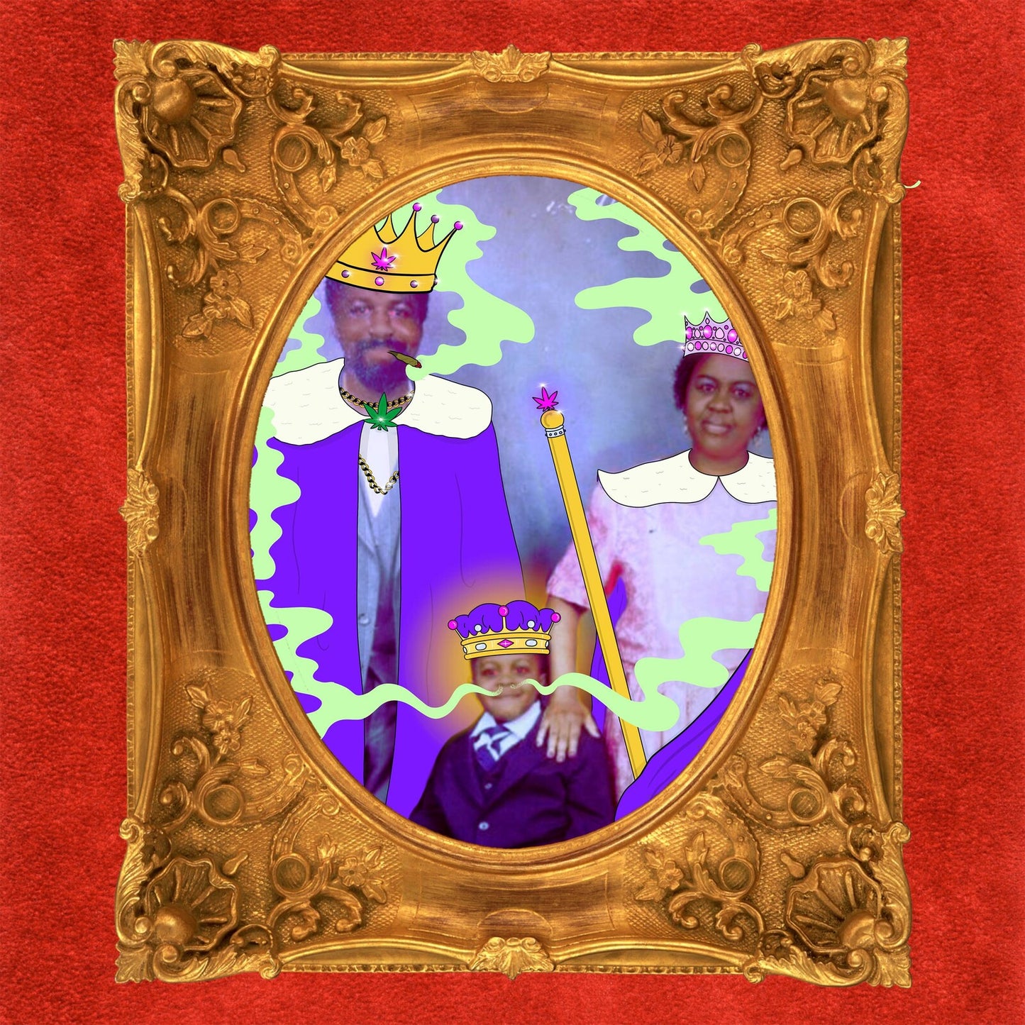 Ornate framed portrait of two people in regal attire, with cannabis imagery.