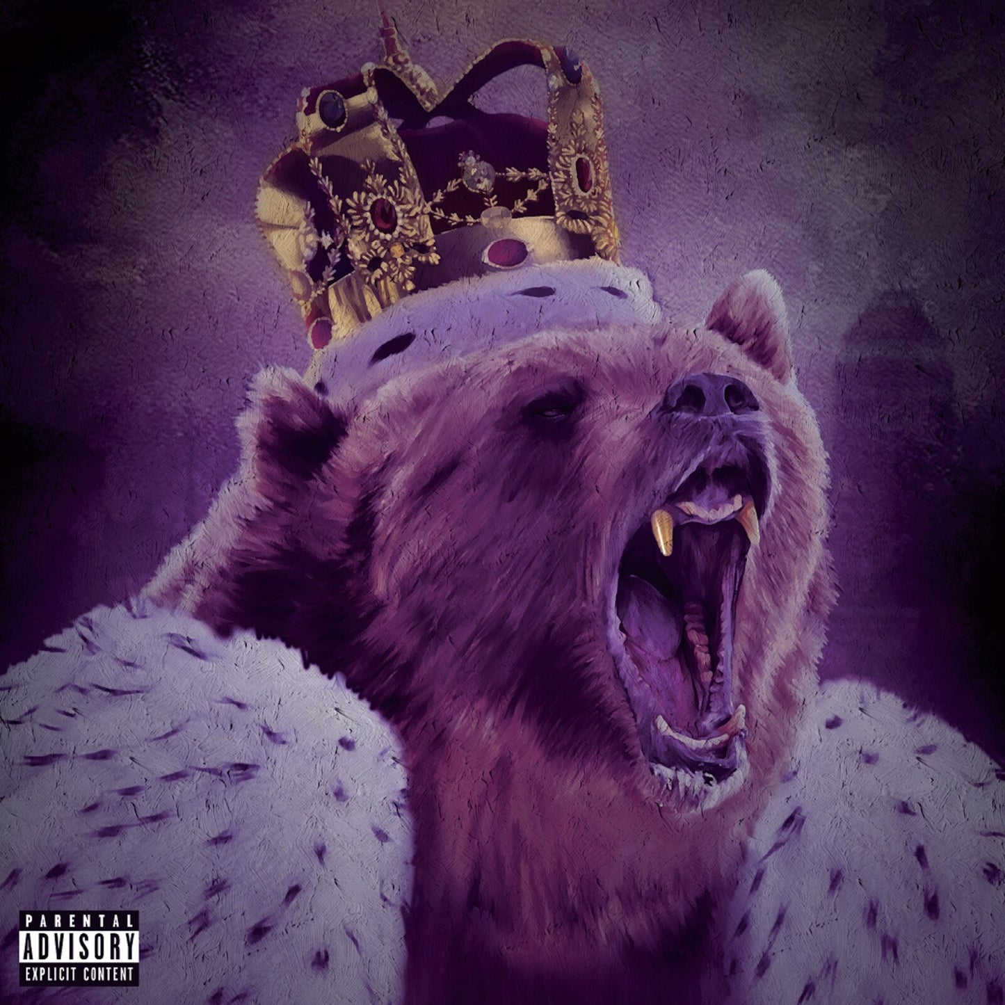 Bear with a crown roaring, purple and textured album artwork.