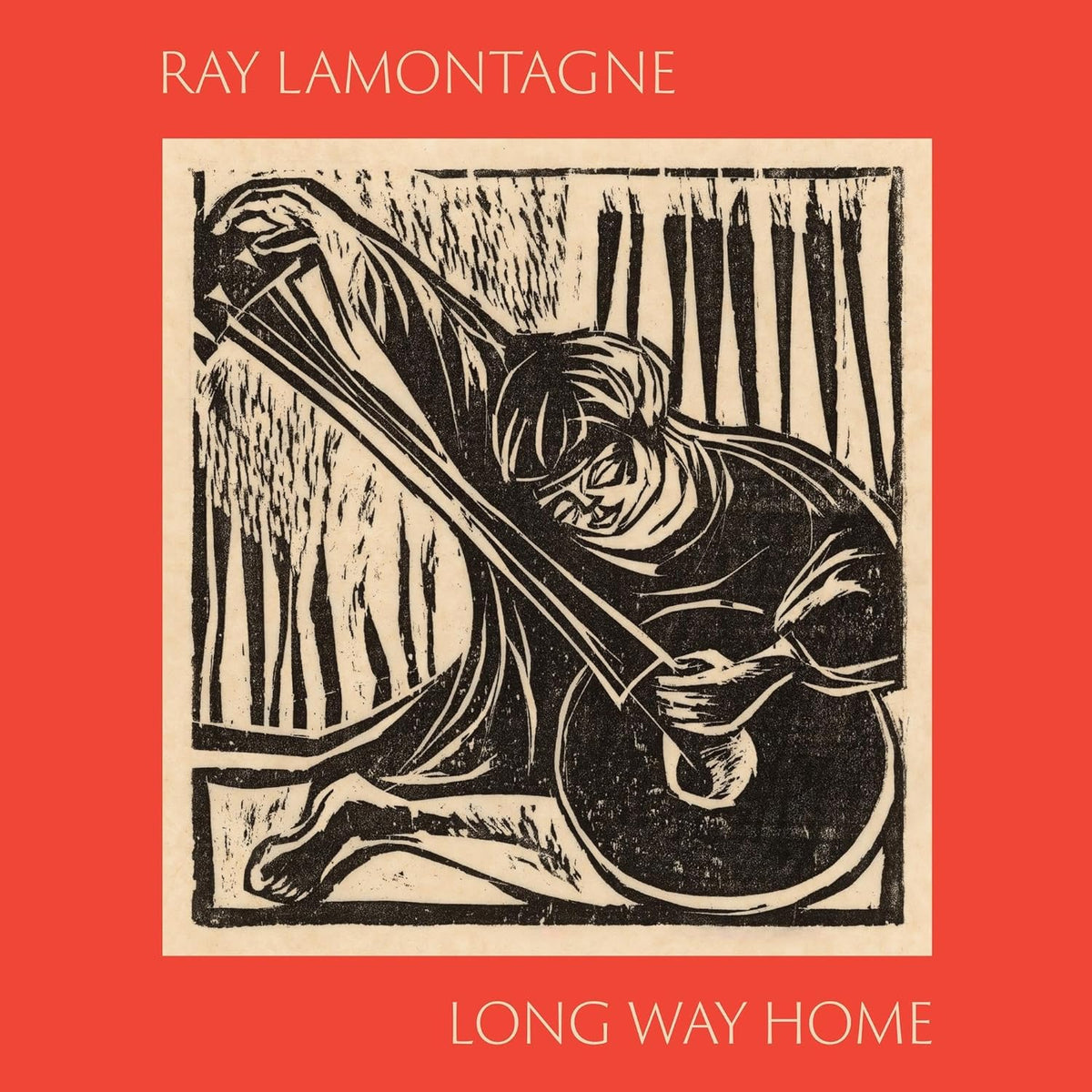 Ray LaMontagne album cover, "Long Way Home," woodcut style musician playing cello.