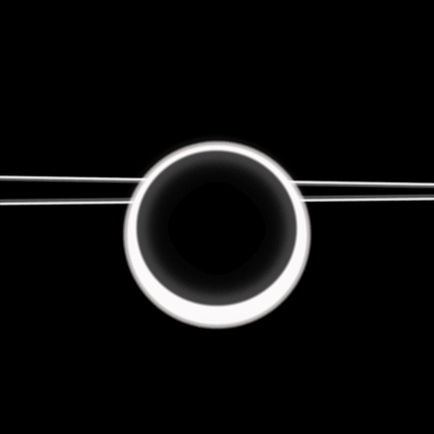 A glowing white ring with horizontal lines against a solid black background.