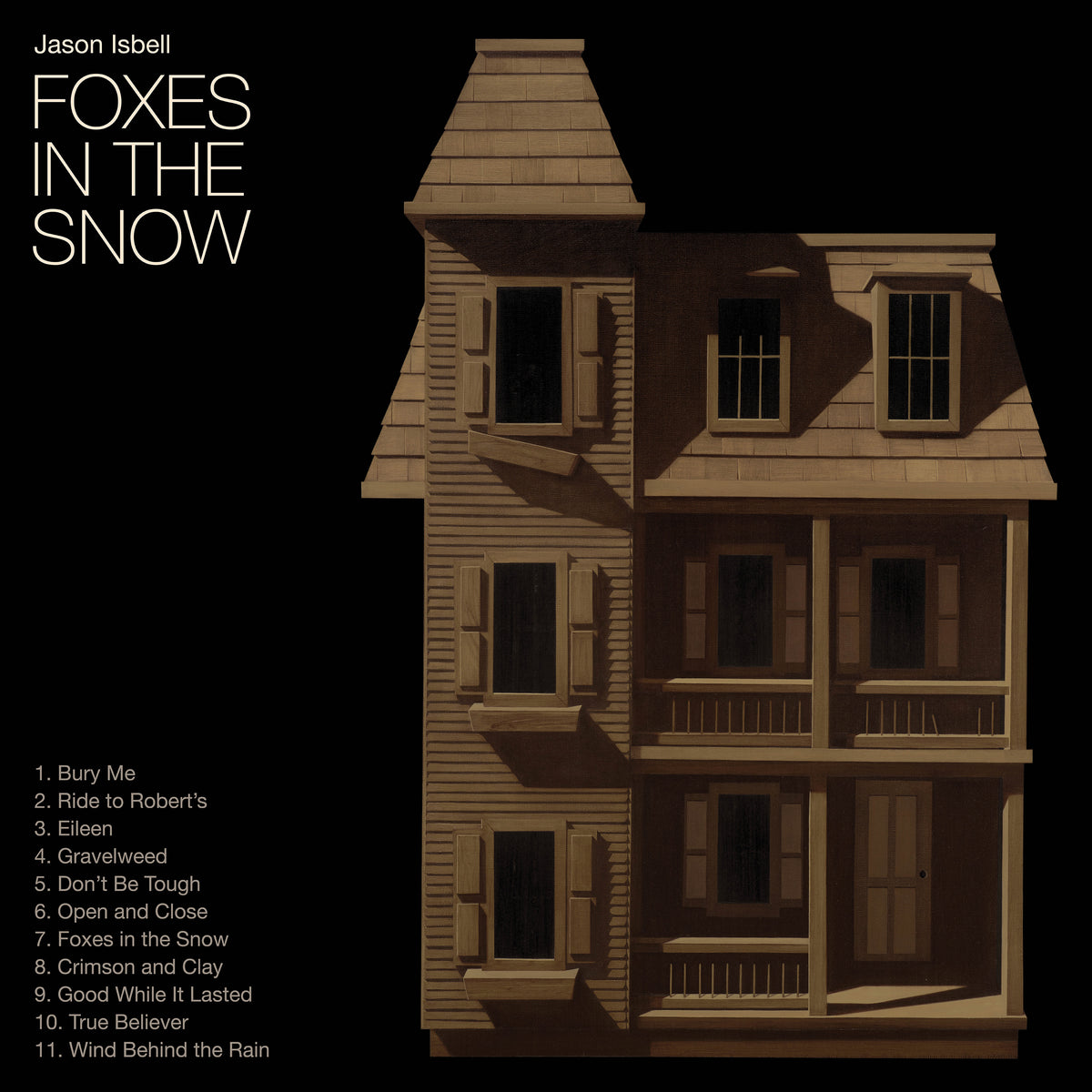 Album cover: a beige, multi-story house against a dark, snowy sky.