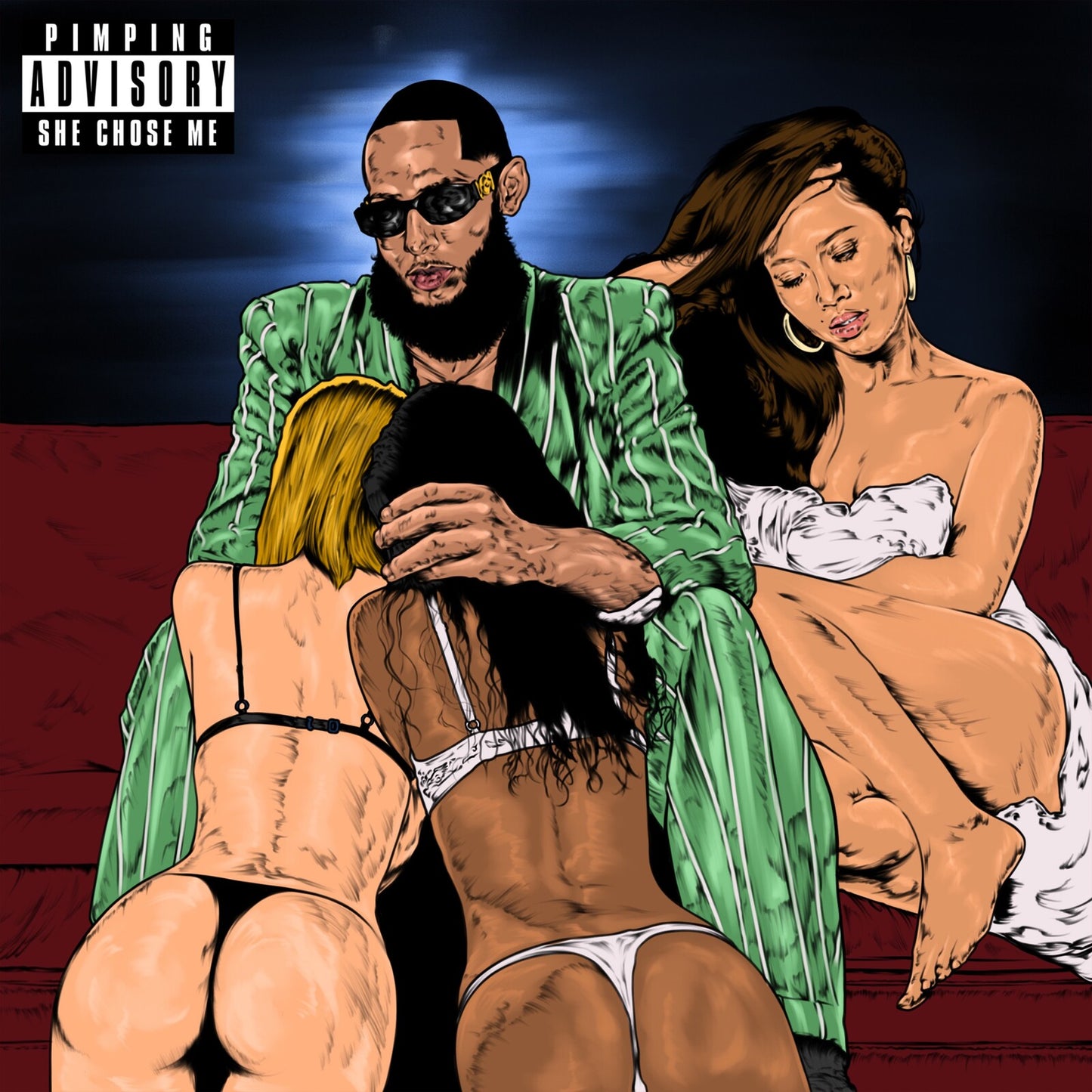 Stylized illustration of a man with two women in suggestive poses.