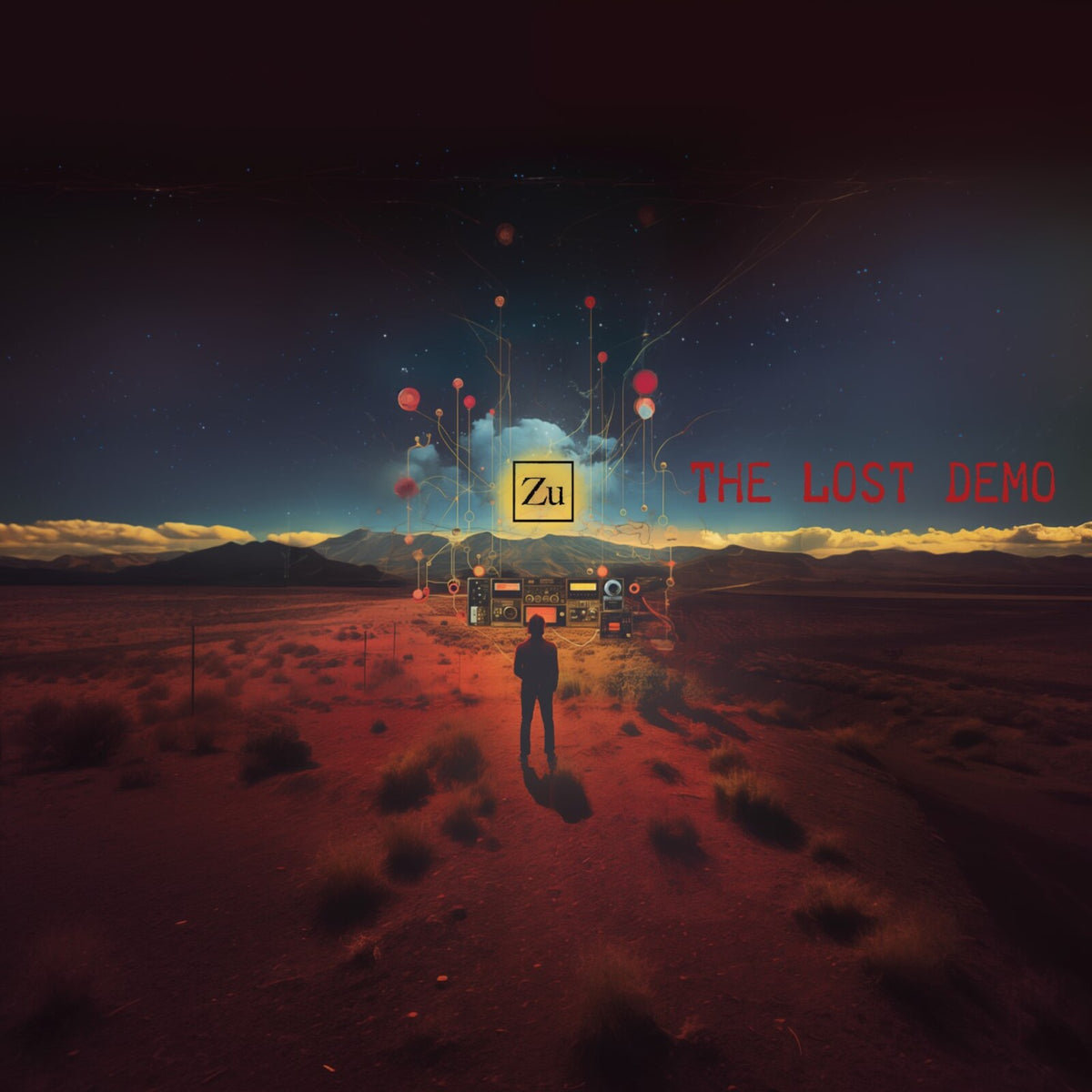 Album cover for “Zu - The Lost Demo” featuring a desert landscape and figure.