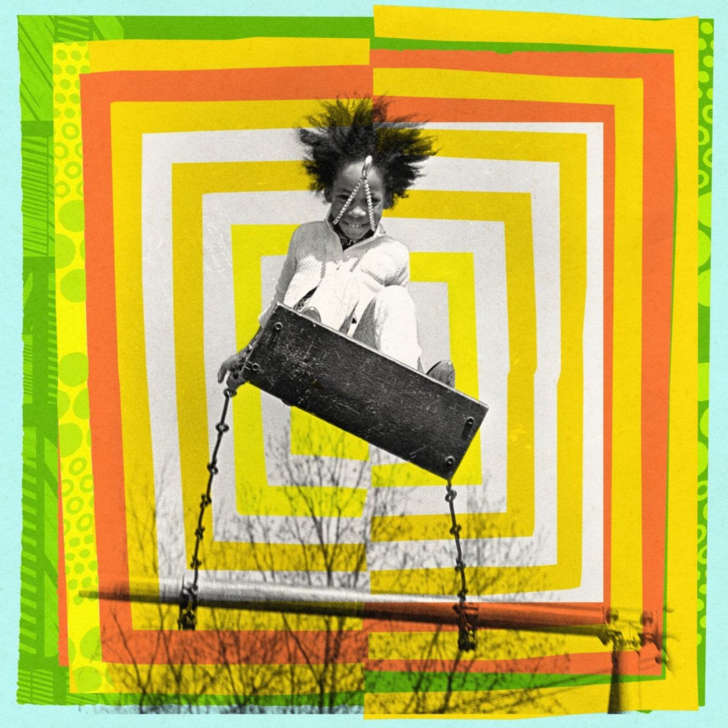 CD cover with a young person on a seesaw, colorful geometric background.