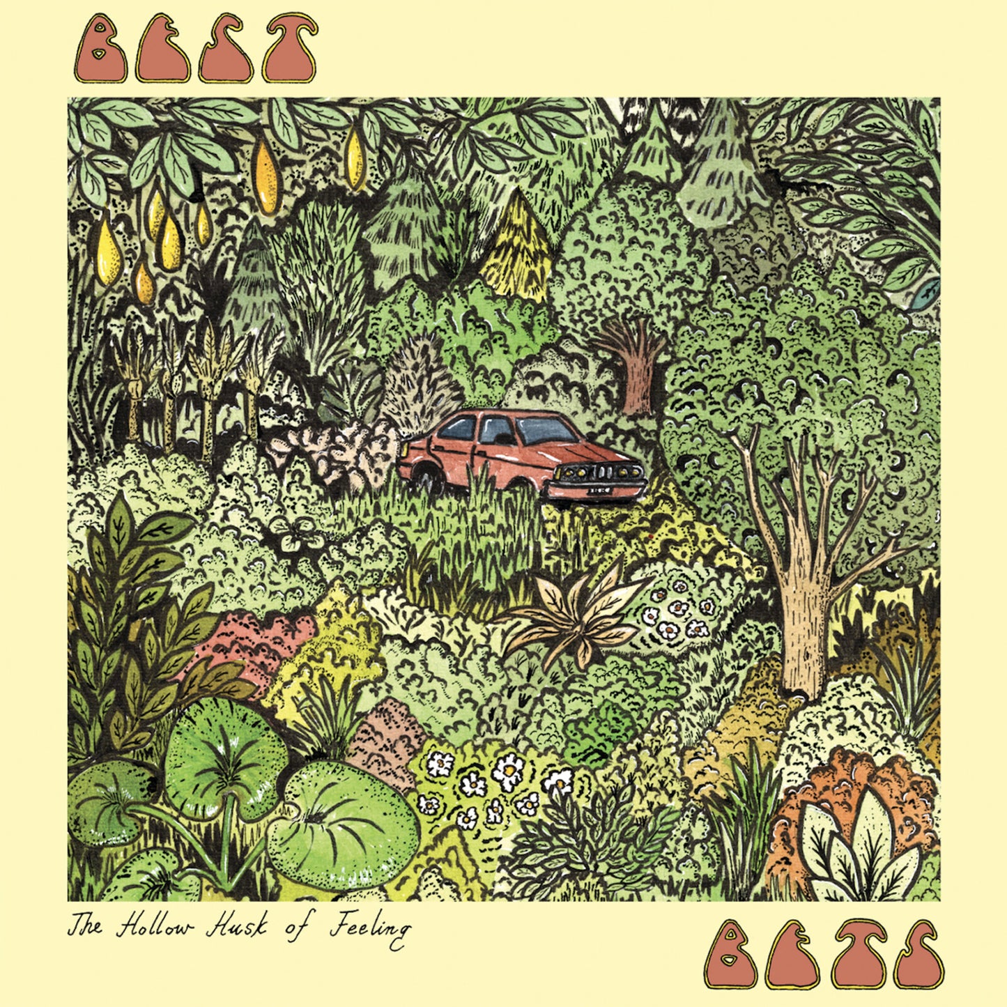 Vinyl record cover: illustrated green foliage with a red car.