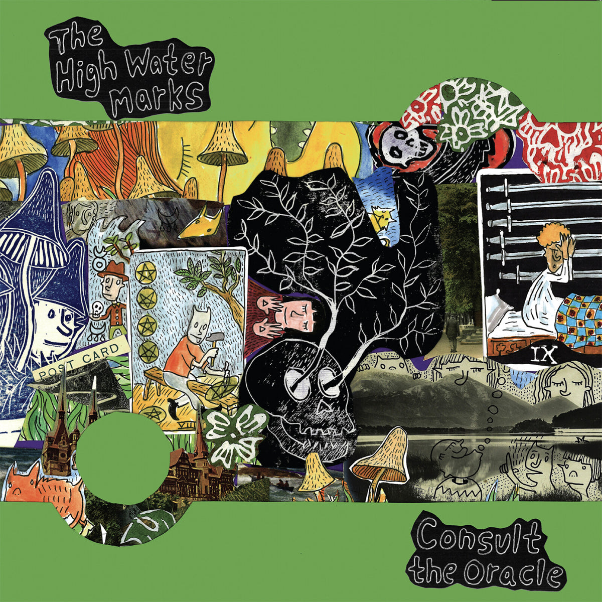 Album cover: colorful collage with mushrooms, skulls, and tarot imagery.