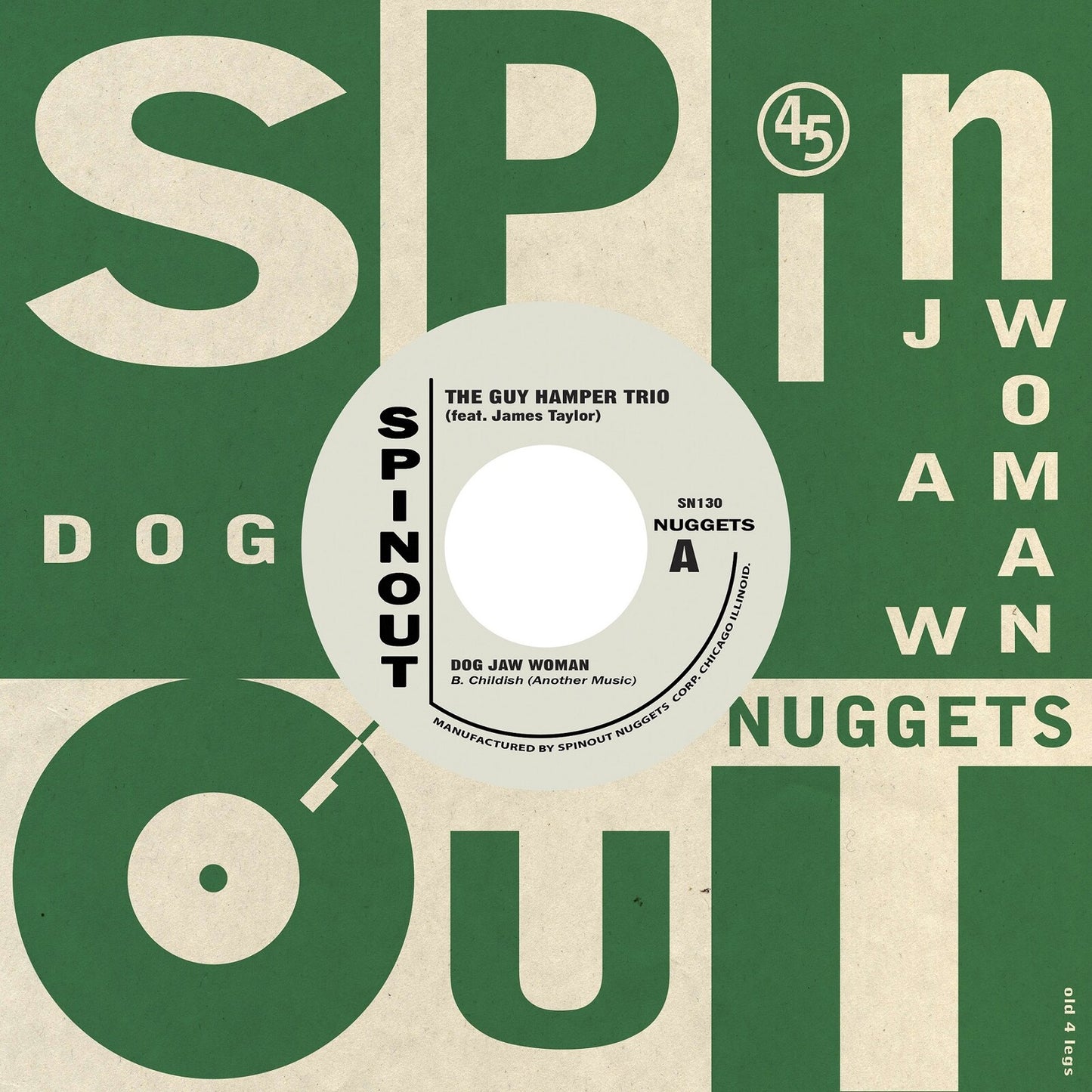 Record label for “Dog Jaw Woman” by The Guy Hamper Trio, green and white.