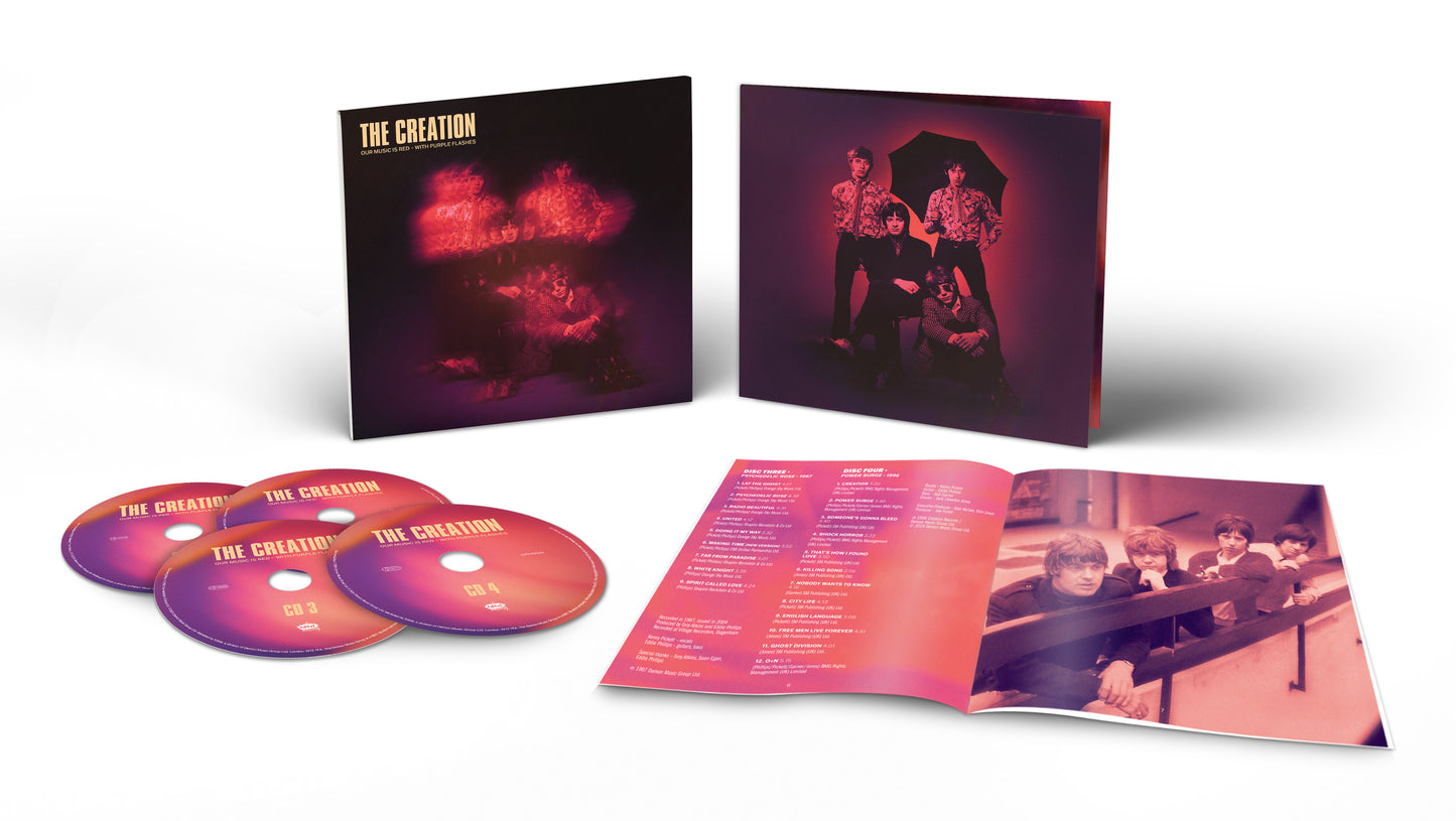 CD packaging for "The Creation - Our Music Is Red Expanded" with band photo.