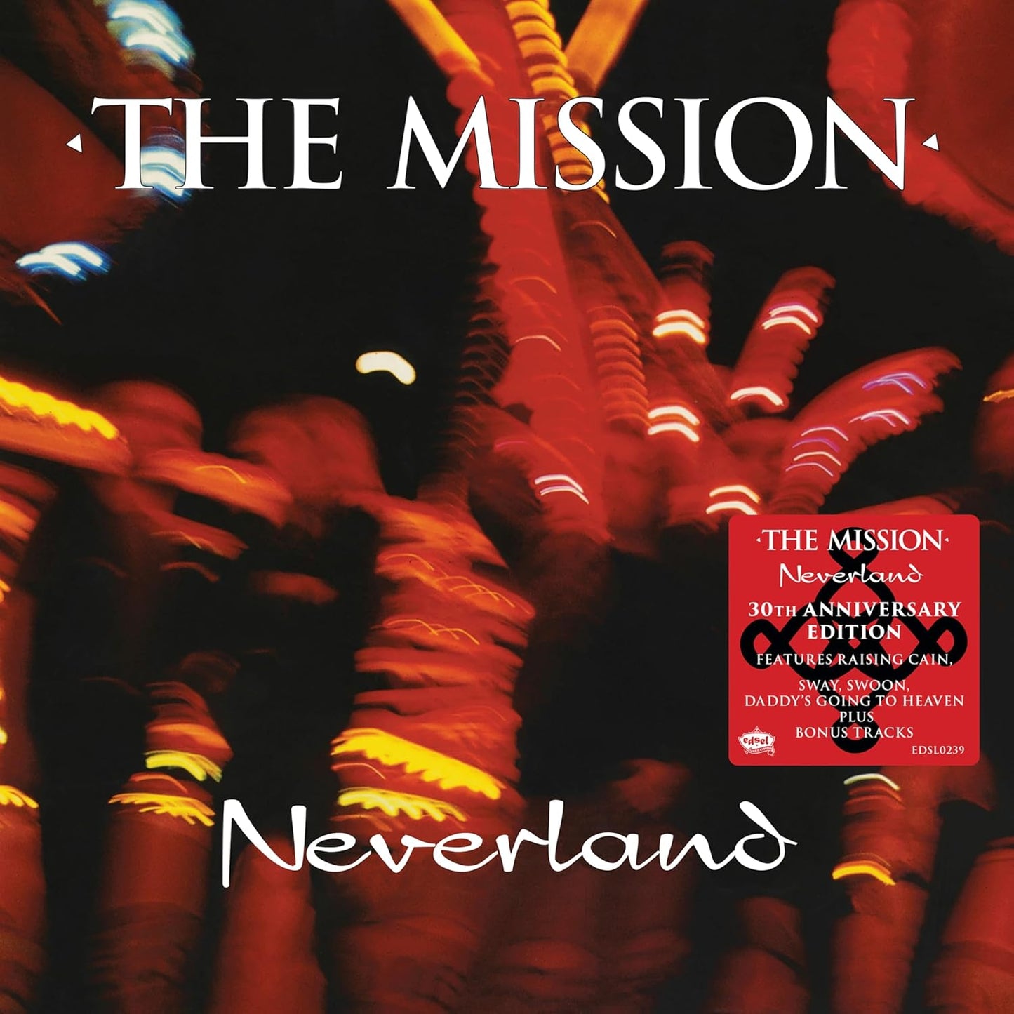 “The Mission” “Neverland” 30th Anniversary CD cover with red and gold swirls.