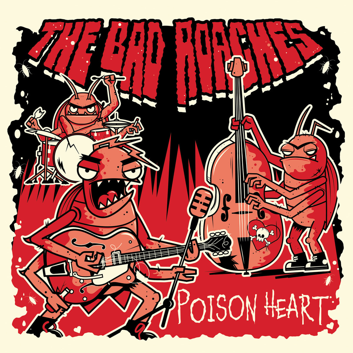 Cartoon roaches playing musical instruments, album cover for "Poison Heart.