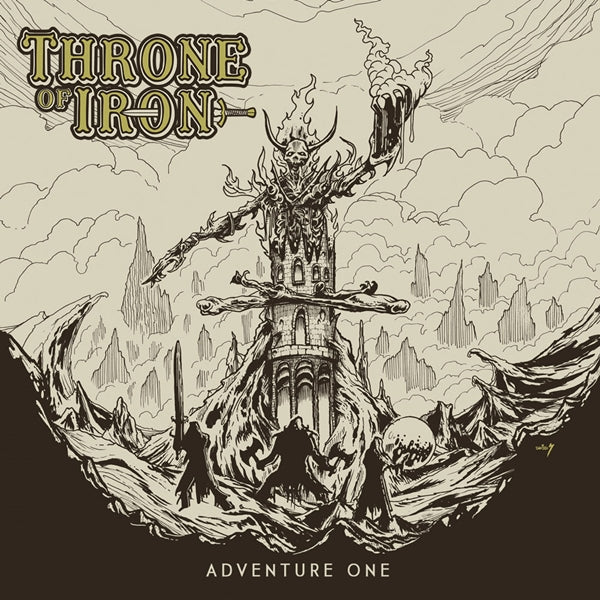 CD cover: sketched iron throne amidst stormy landscape, sepia tone.
