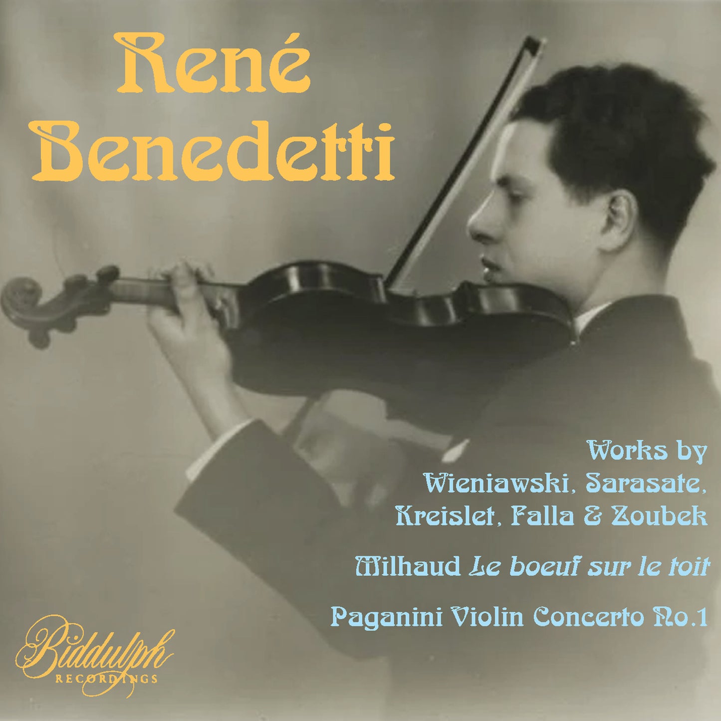 CD cover featuring violinist René Benedetti and violin details.
