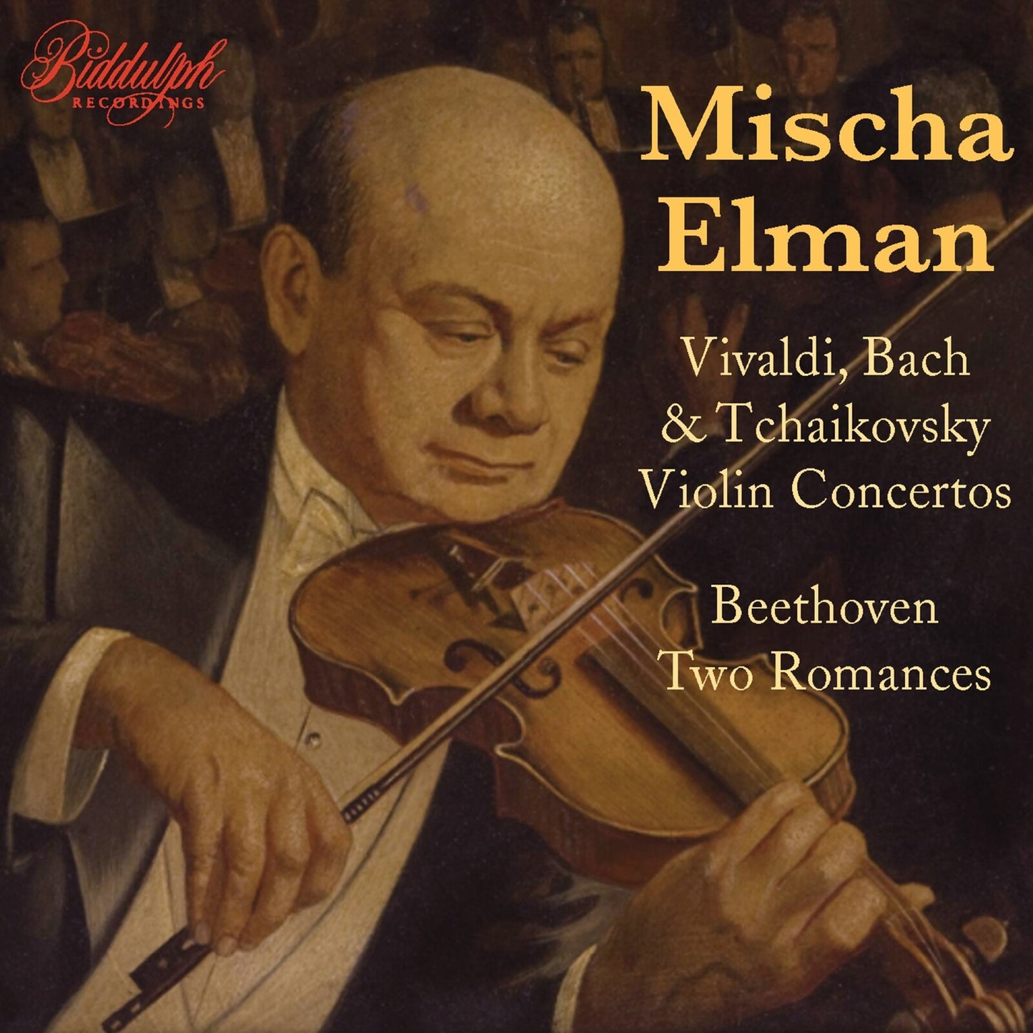 Portrait of violinist Mischa Elman playing, with concertos listed.
