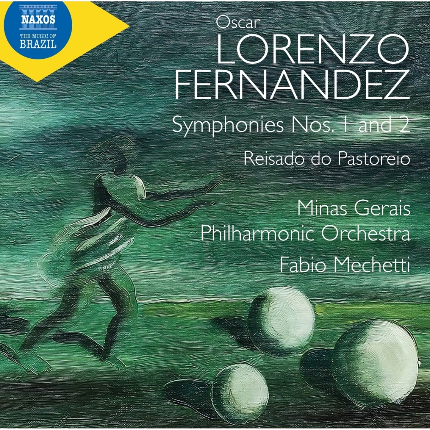 CD cover for Lorenzo Fernandez symphonies with a green, textured background.