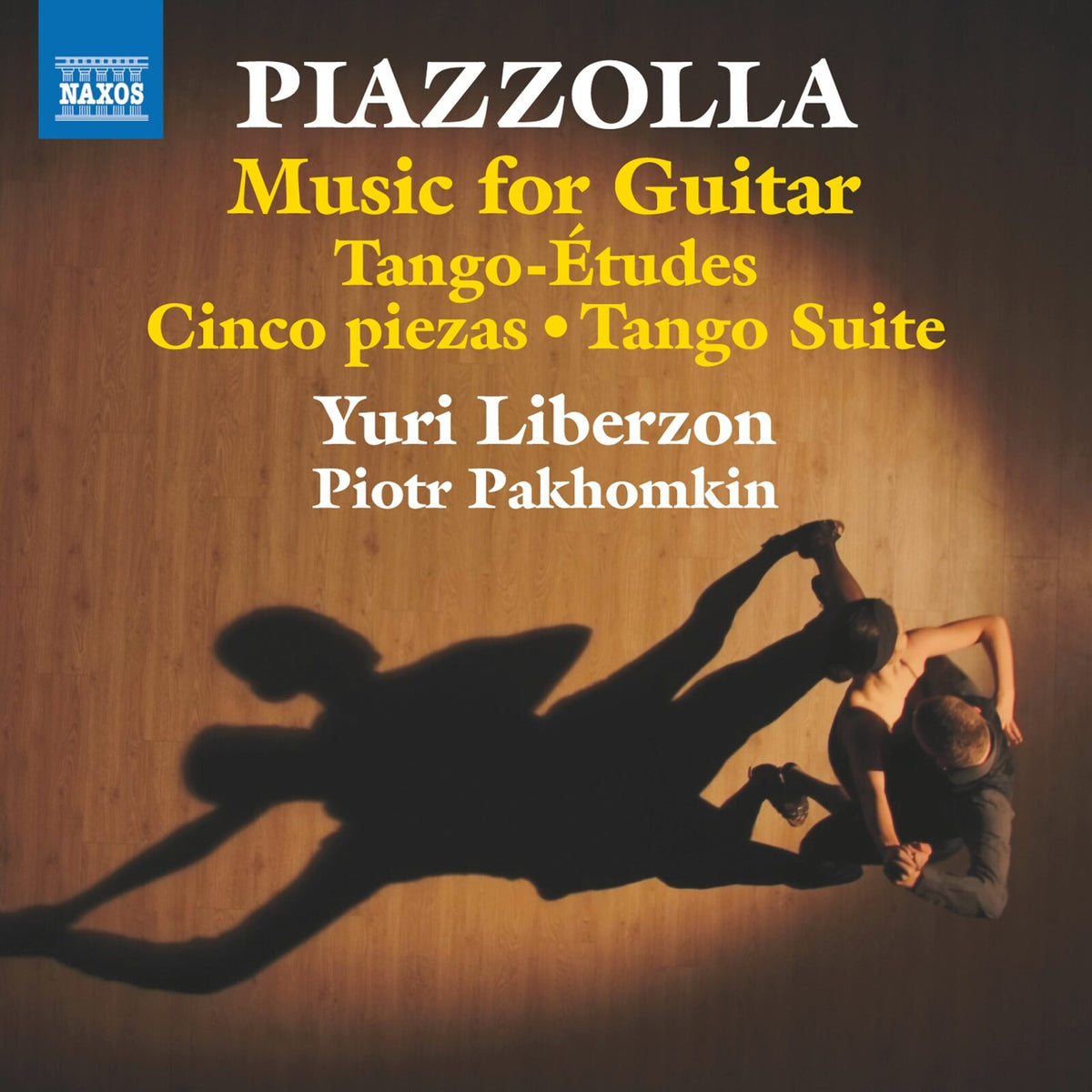 CD cover for Piazzolla’s guitar music featuring a tango dancer silhouette.