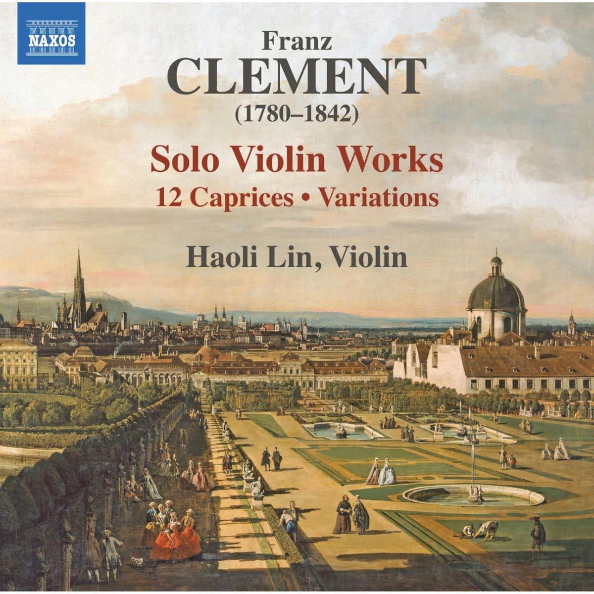 CD cover for Haoli Lin’s "Clement - Solo Violin Works" with a city landscape.