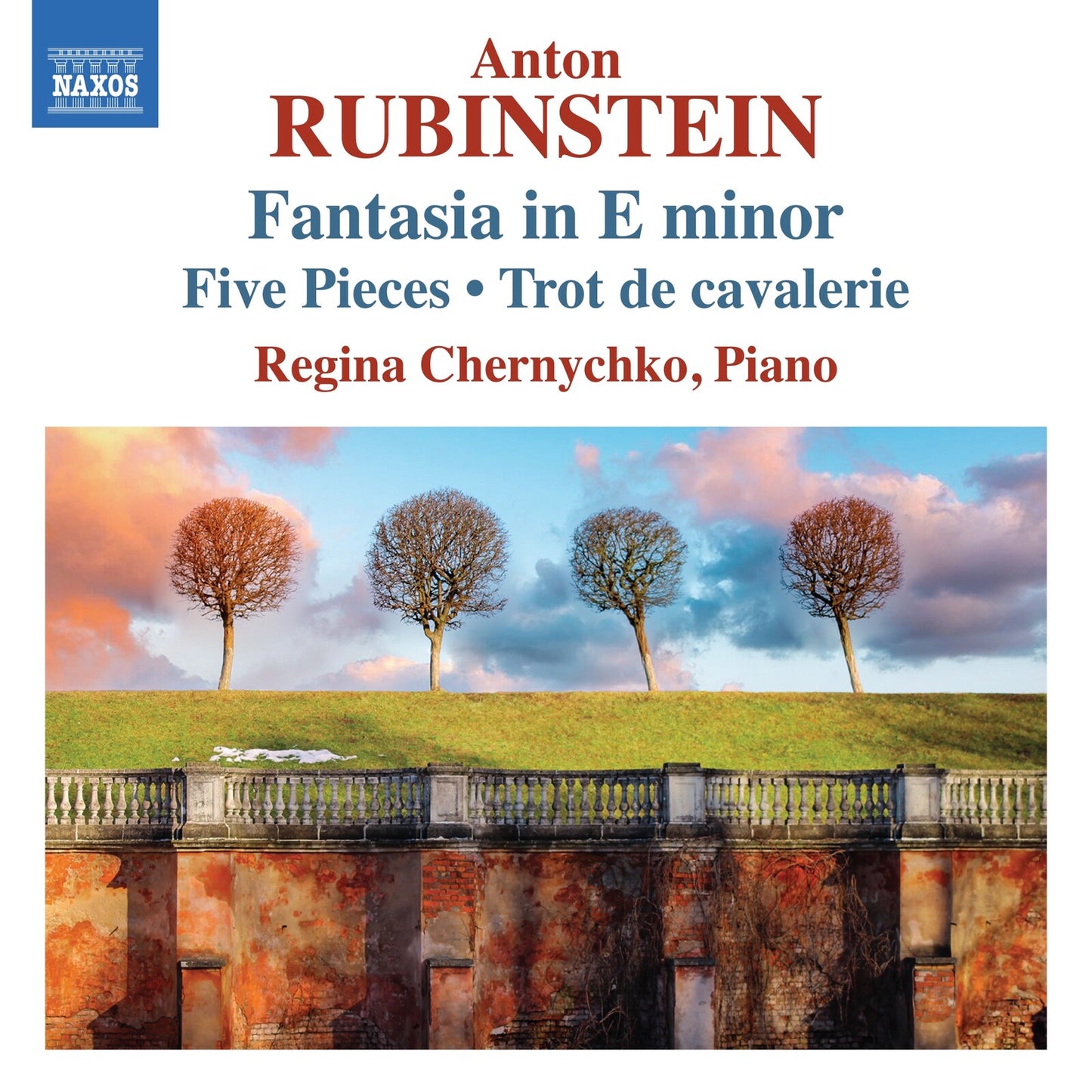 CD cover for Rubinstein’s Fantasia in E minor, featuring trees and a balustrade.