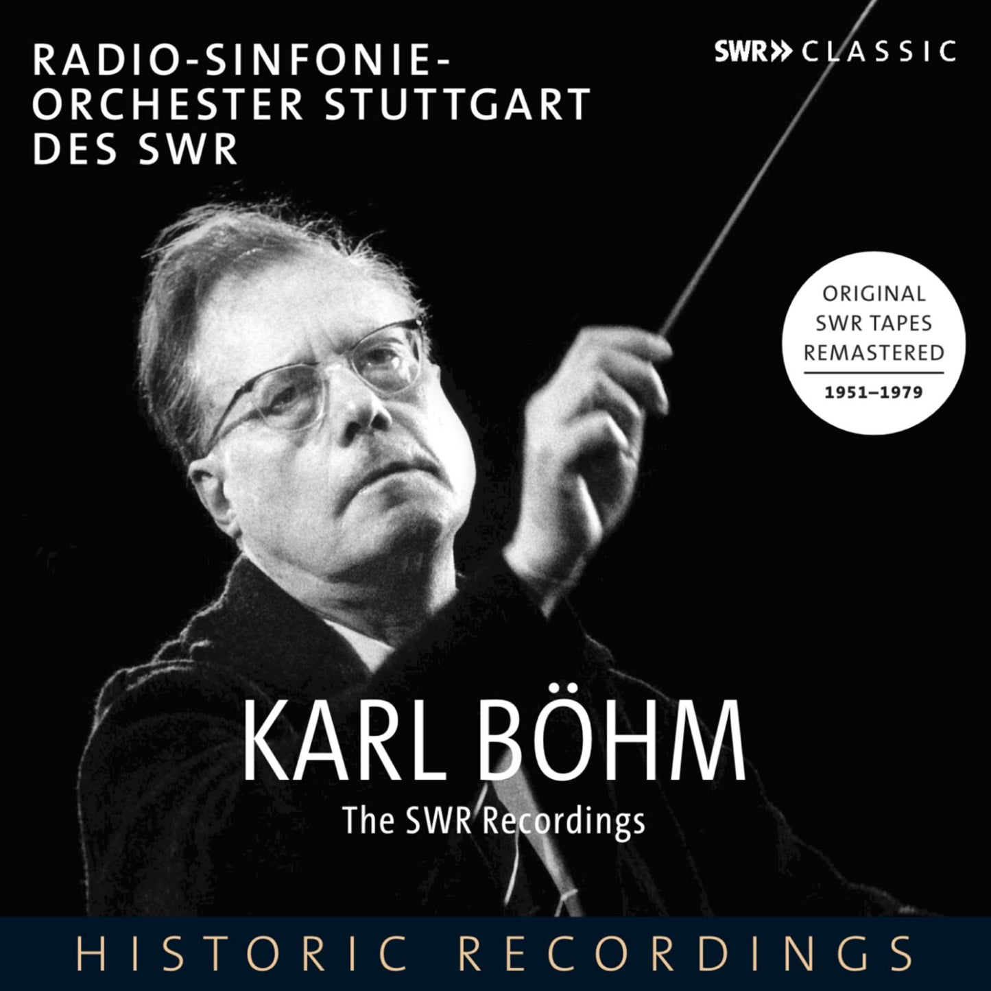 Black and white portrait of conductor Karl Böhm with baton, CD cover.