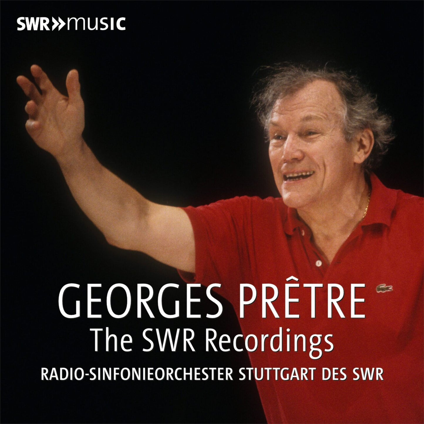 CD cover featuring conductor Georges Prêtre in a red shirt, gesturing with hands.