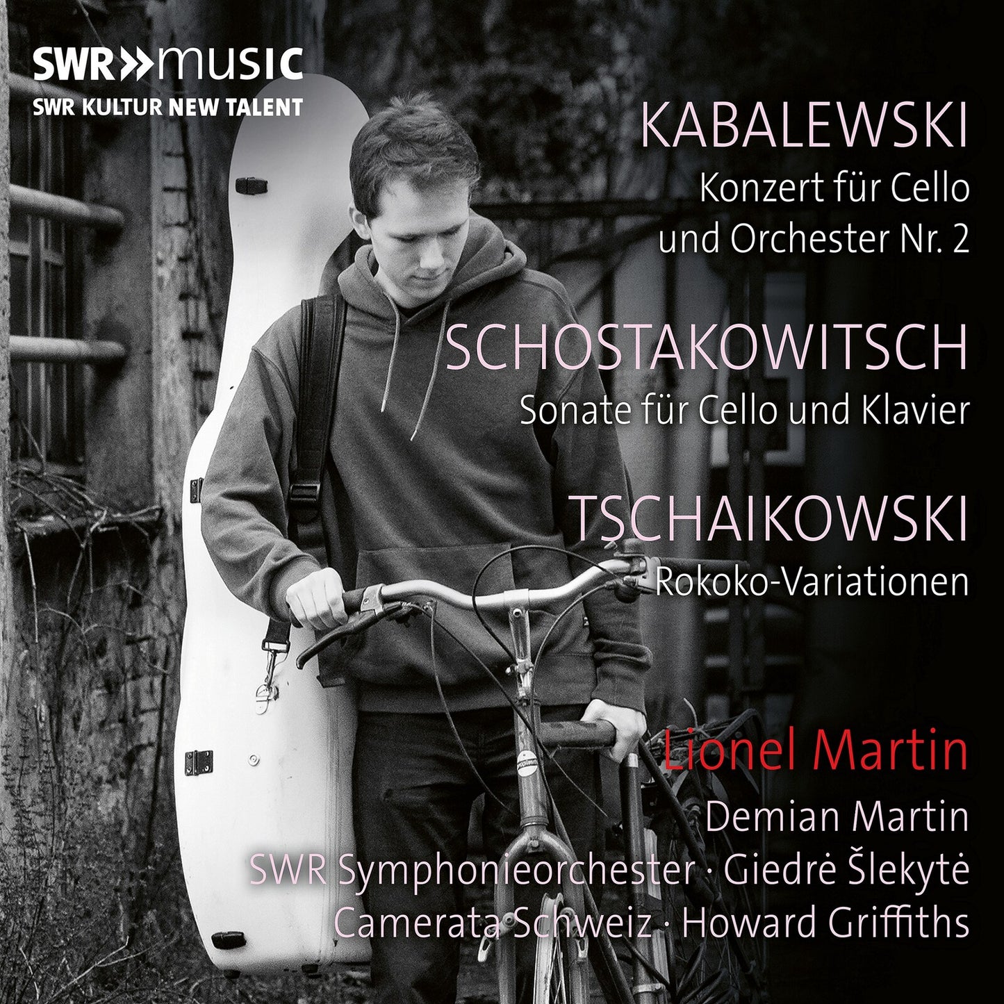 CD cover featuring a young man with a cello and bicycle outdoors.