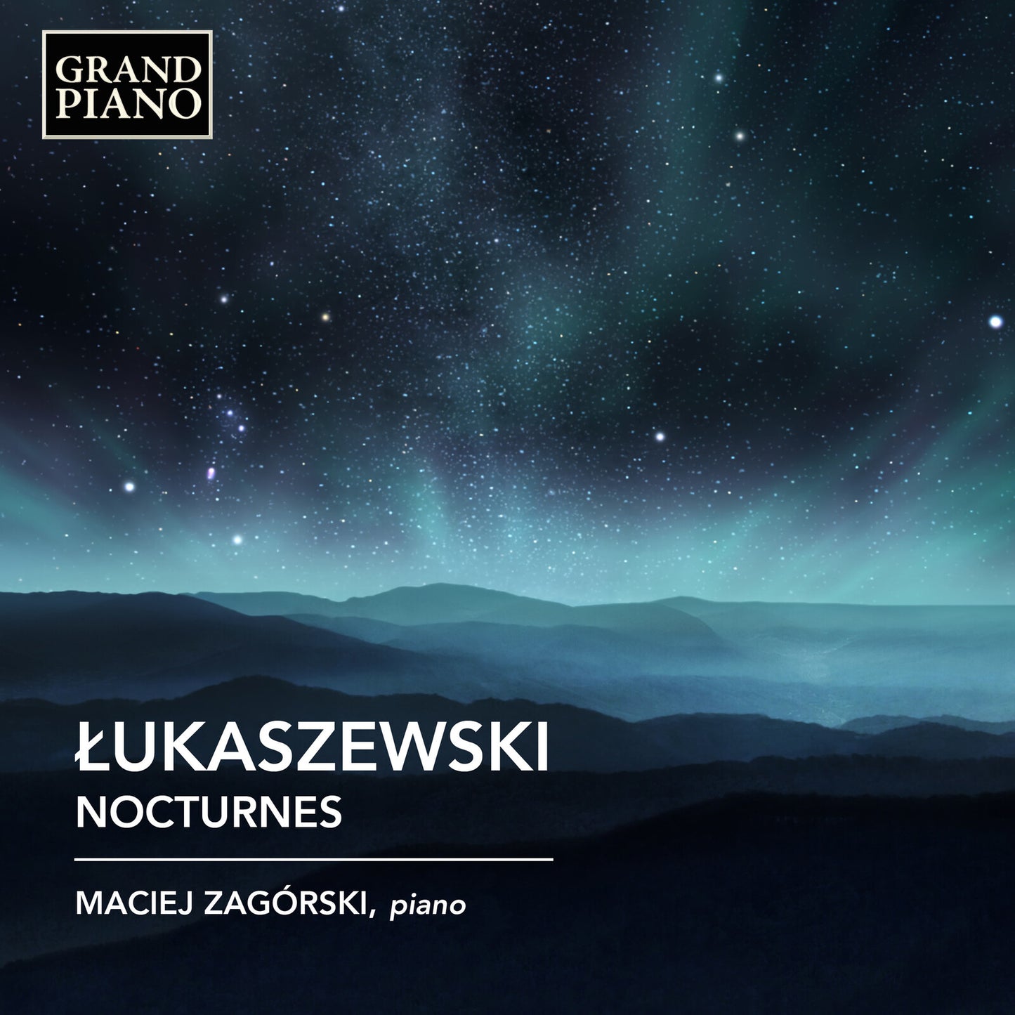 CD cover: starry night sky over misty mountains, text “Łukaszewski Nocturnes”.