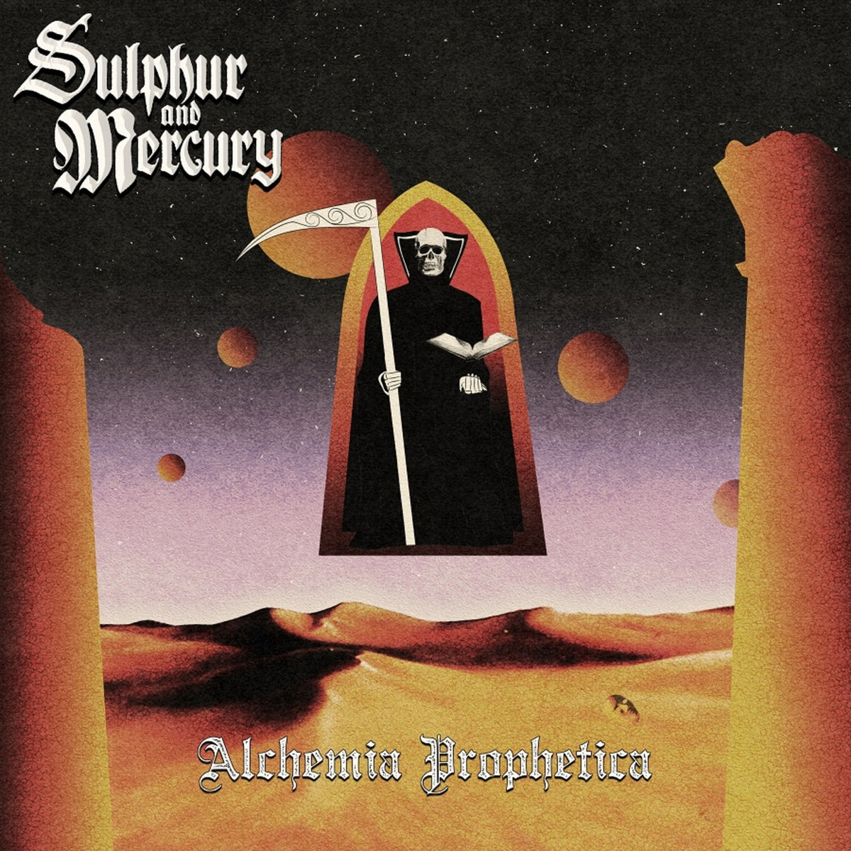 Album cover: Grim Reaper figure stands before a purple and orange landscape.