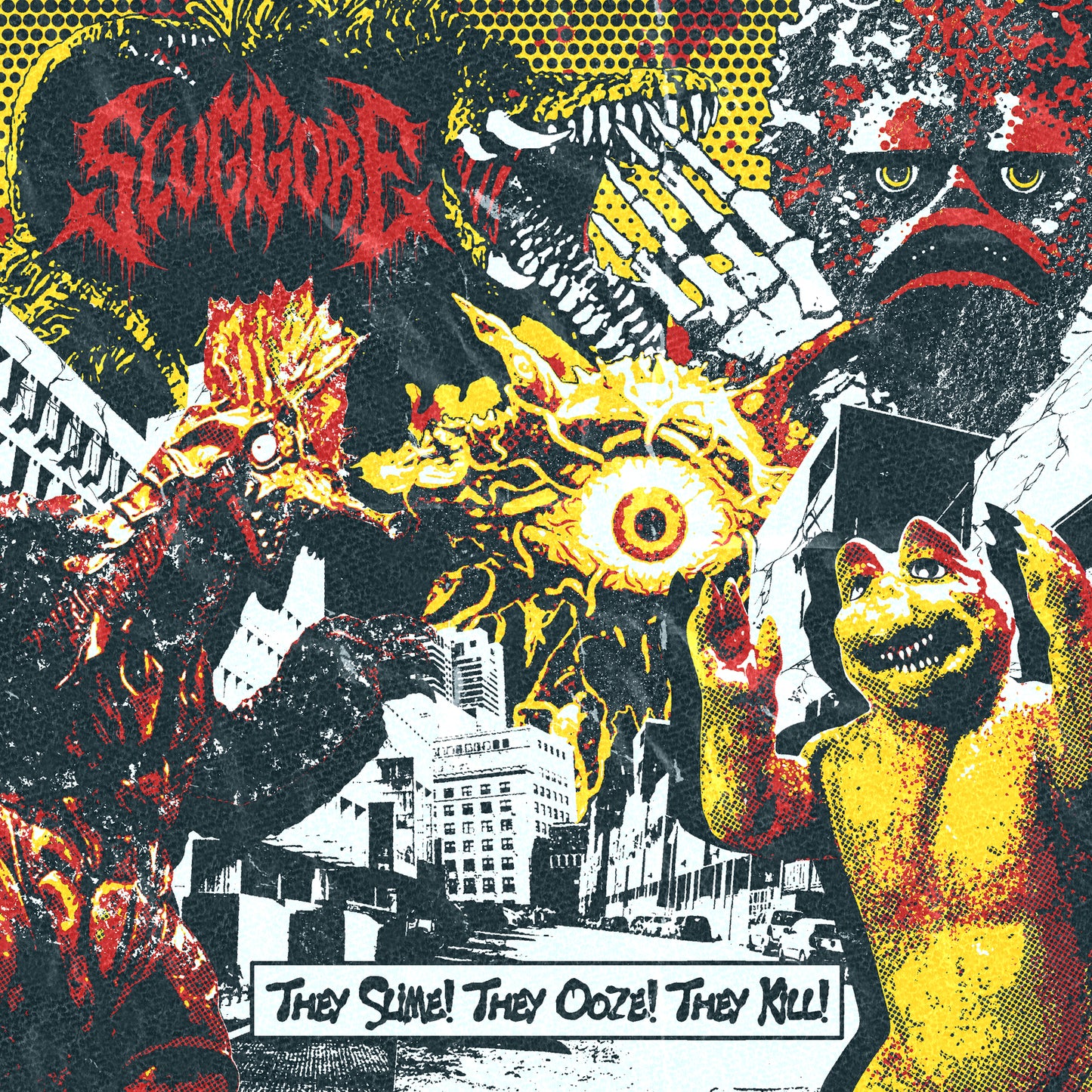 Collage of monstrous creatures attacking a city, halftone style.