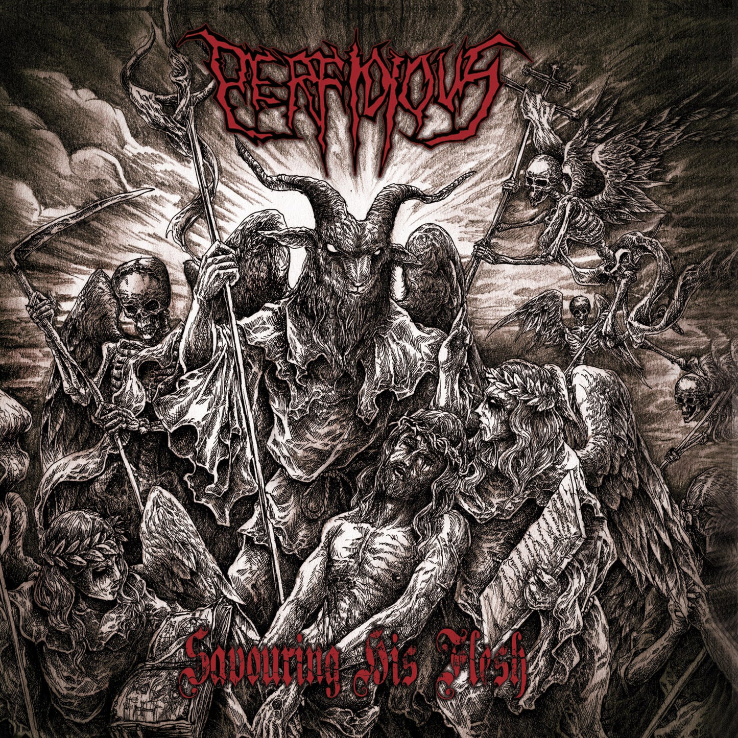 Dark, detailed illustration of demonic figures and skeletal forms, album cover.