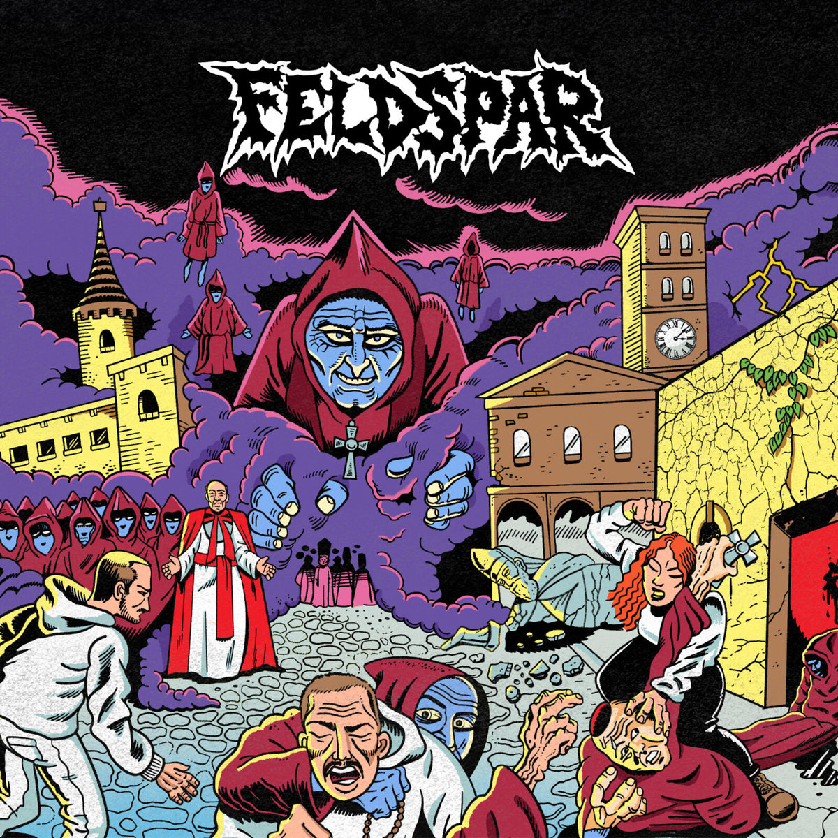 Feldspar album cover: illustrated city ruins, hooded figures, and dramatic sky.