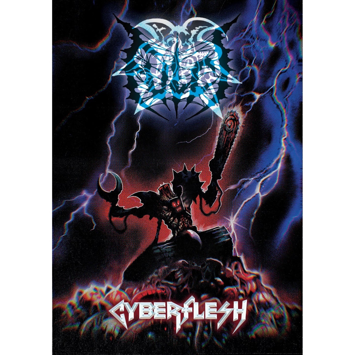 Dark album cover with robotic figure, lightning, and stylized text.