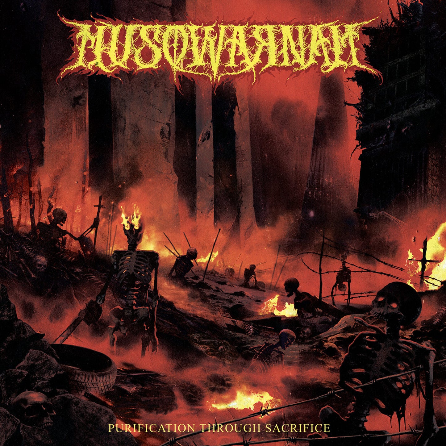 Album cover: fiery, skeletal figures amidst burning structures and debris.