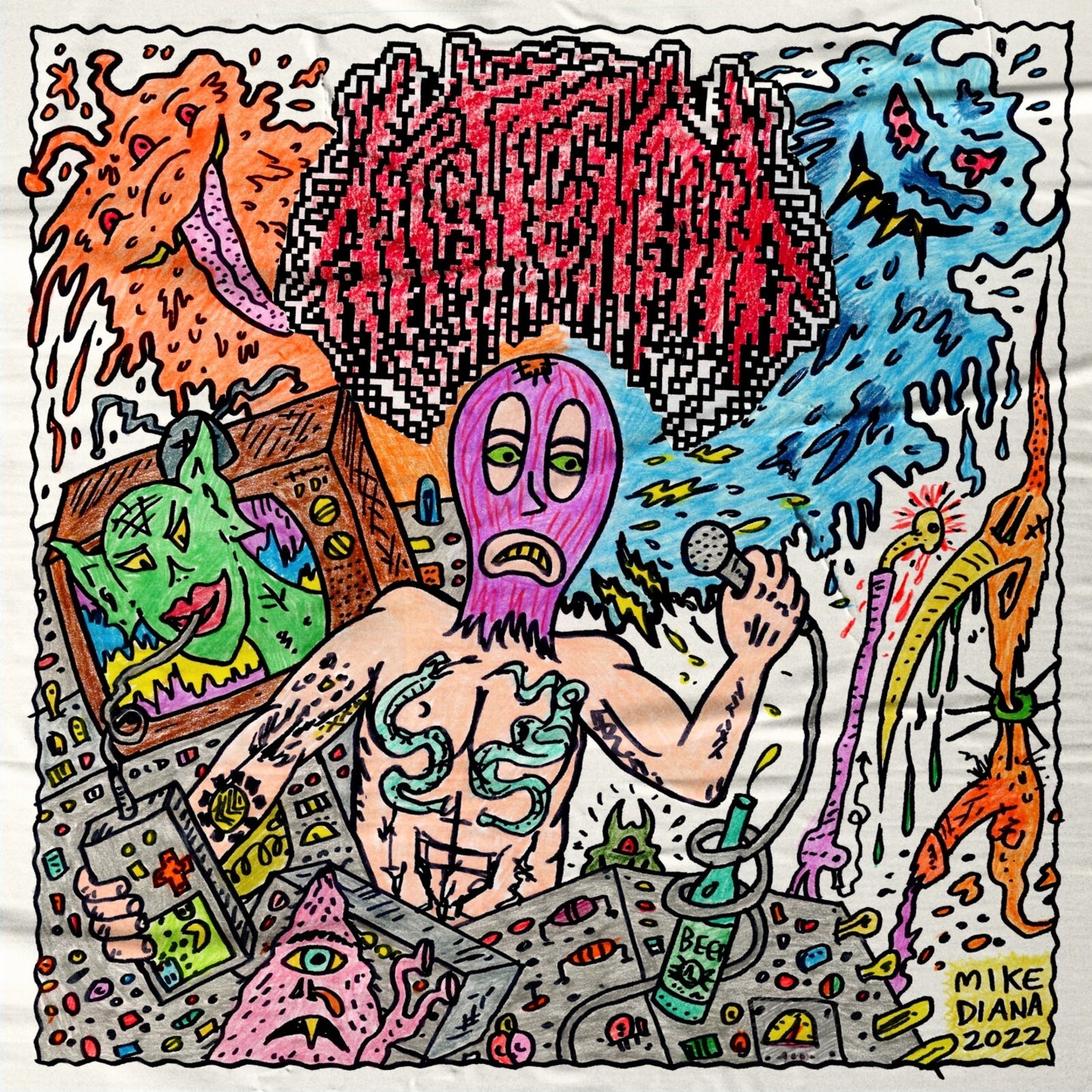 Hand-drawn CD cover with a colorful, chaotic, surrealist illustration.