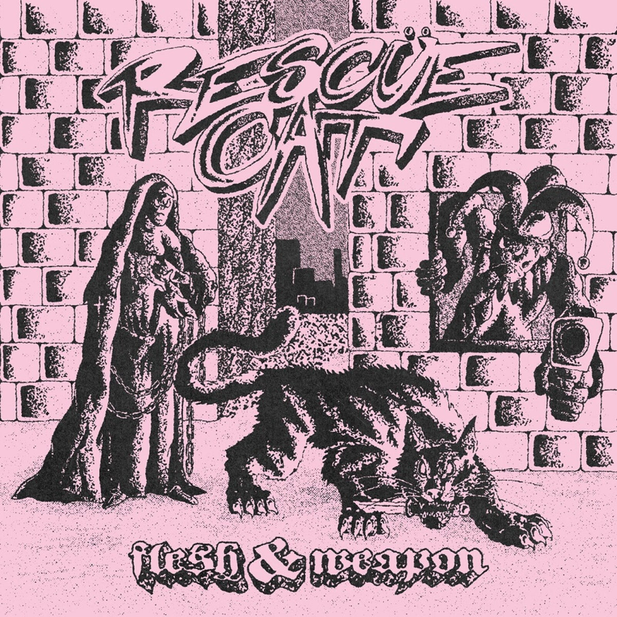 Pink album cover with a large cat, figures, and brick wall illustration.