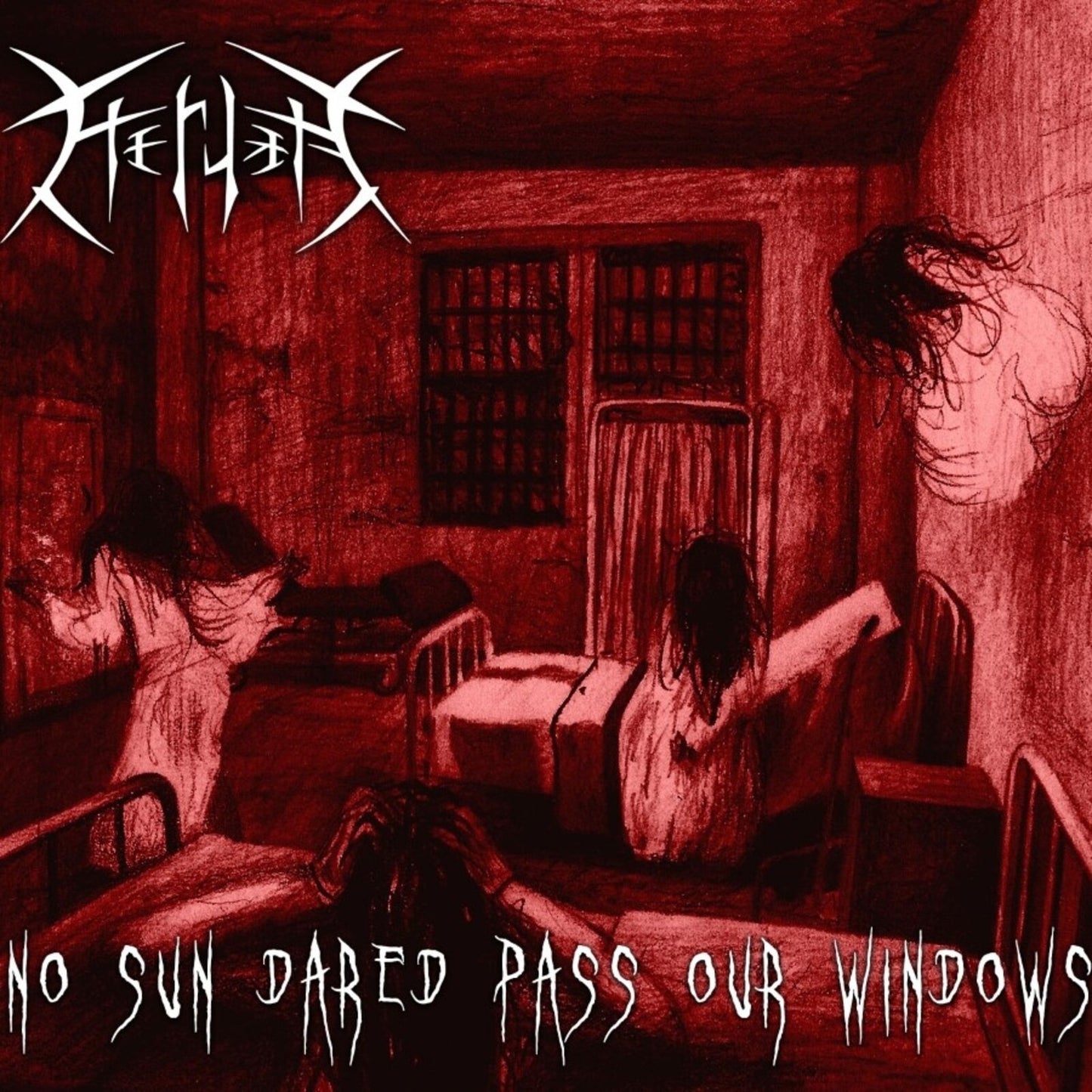 Red album cover with shadowy figures in a darkened room.
