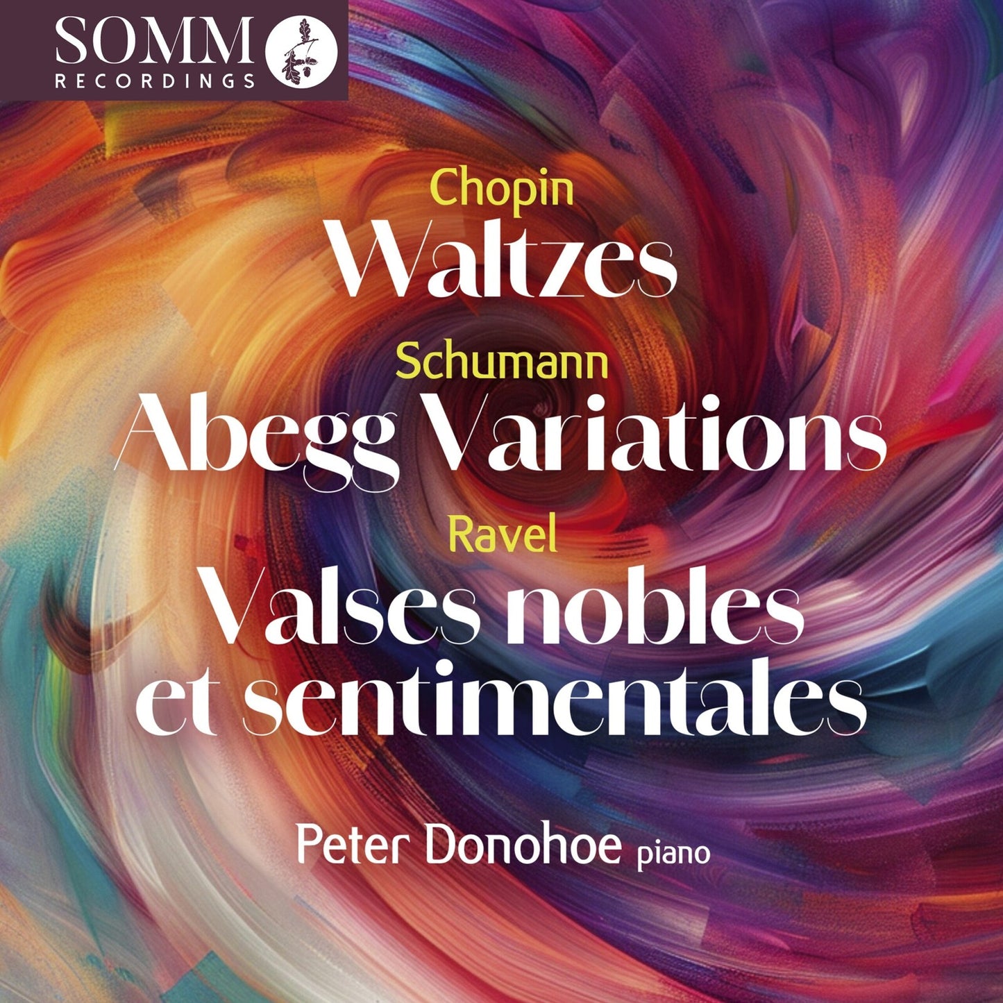 CD cover for Peter Donohoe’s “Waltzes” featuring abstract colorful swirls.