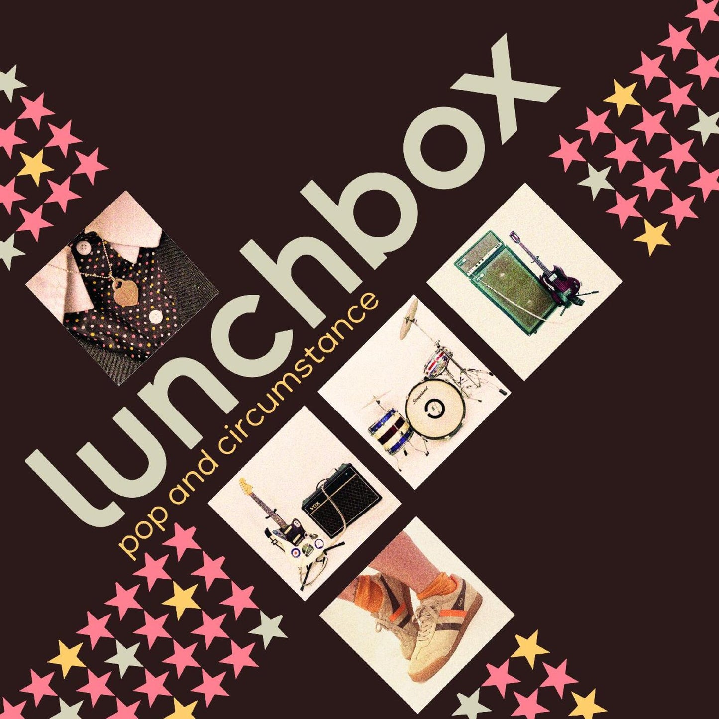 Lunchbox album cover with pink stars, instruments, and shoes.