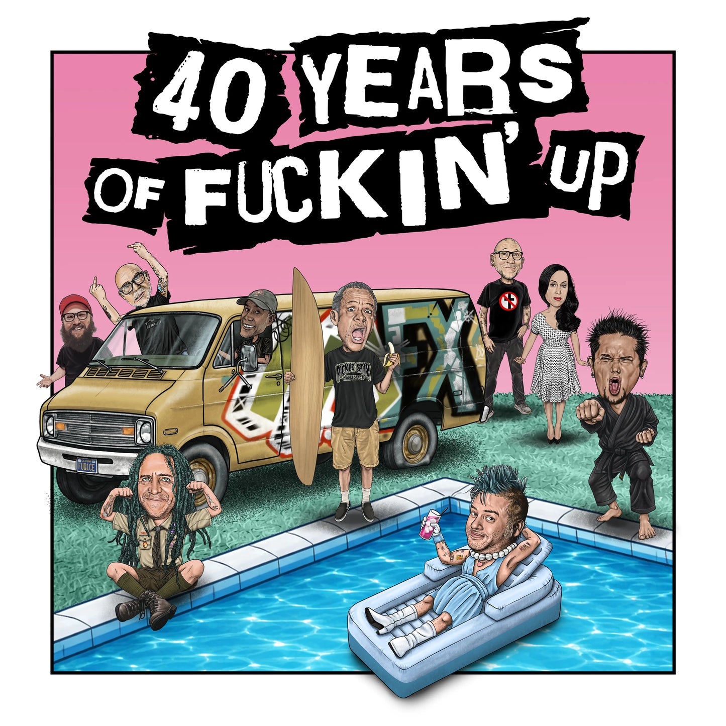 NOFX album cover: cartoon band members around a van and pool.