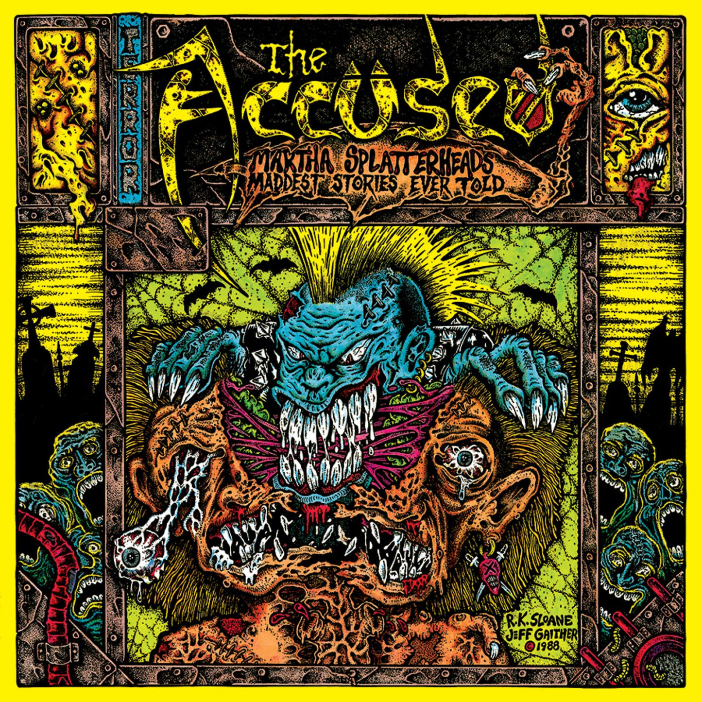 Album cover art featuring a blue monster attacking a grotesque, decaying human head.