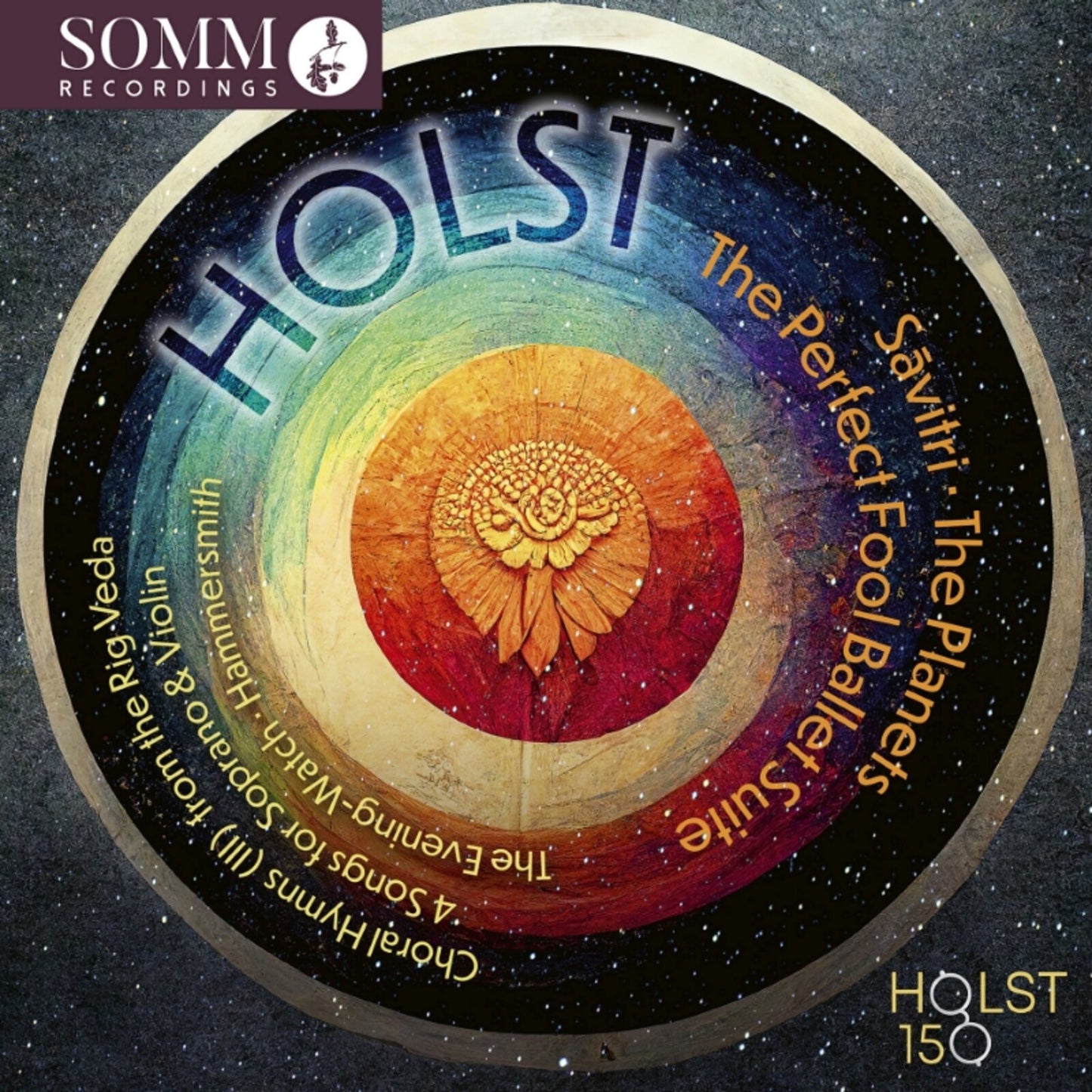 CD cover for Holst featuring a circular, colorful abstract design against a starry background.