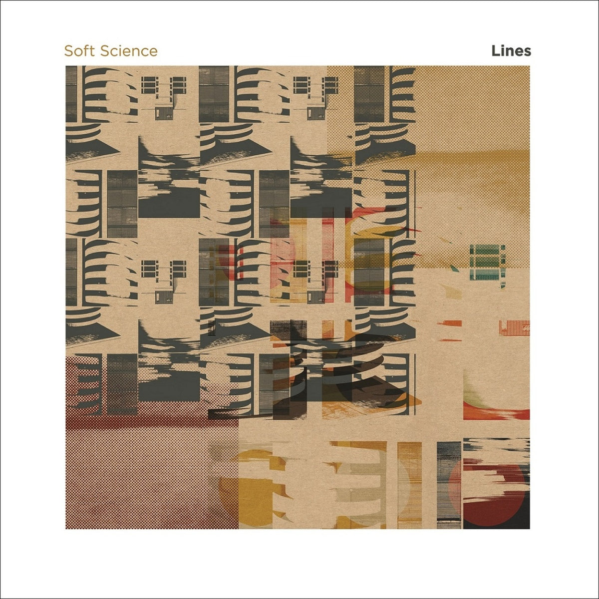 Album cover for Soft Science’s “Lines” with abstract, layered geometric shapes.