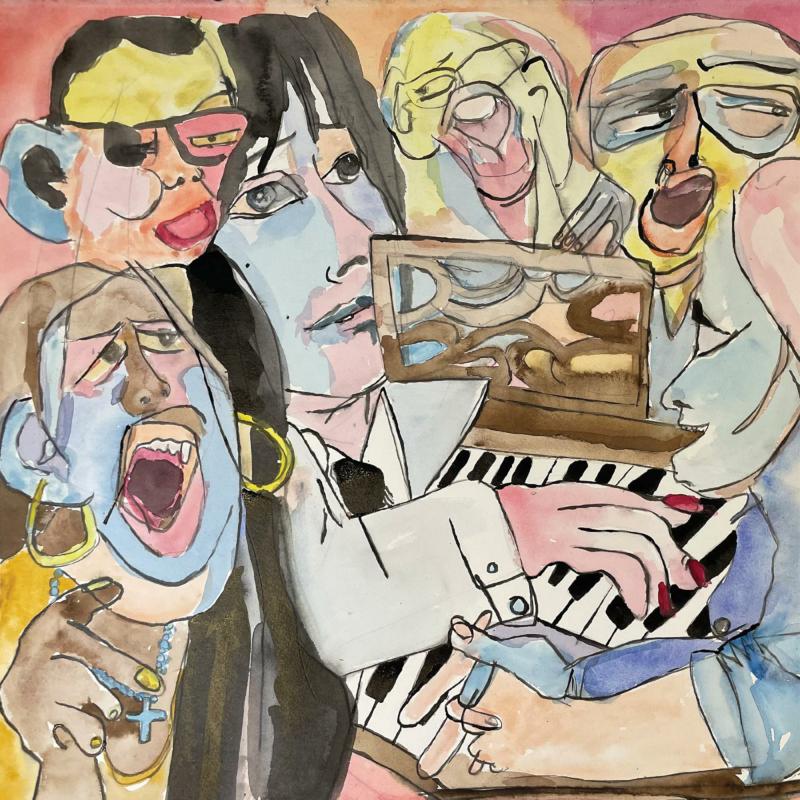 Watercolor painting of four faces and hands playing a keyboard.