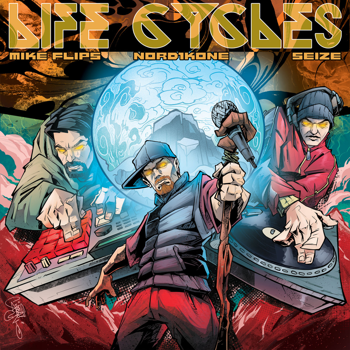 Album cover for "Life Cycles" featuring three illustrated figures and turntables.