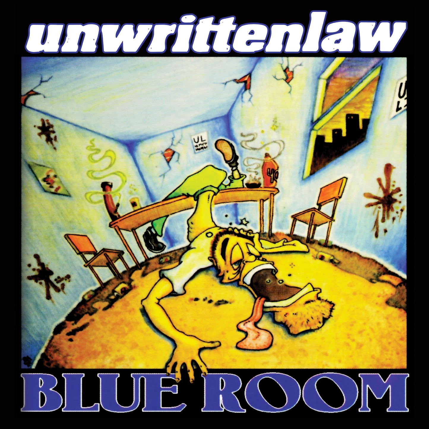 Album cover for Unwritten Law’s “Blue Room” featuring cartoonish, chaotic imagery.