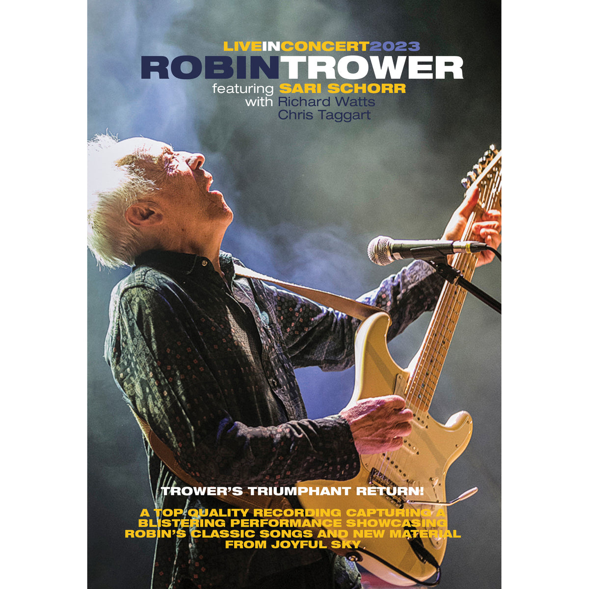 Robin Trower performing live with a guitar, concert Blu-ray cover.