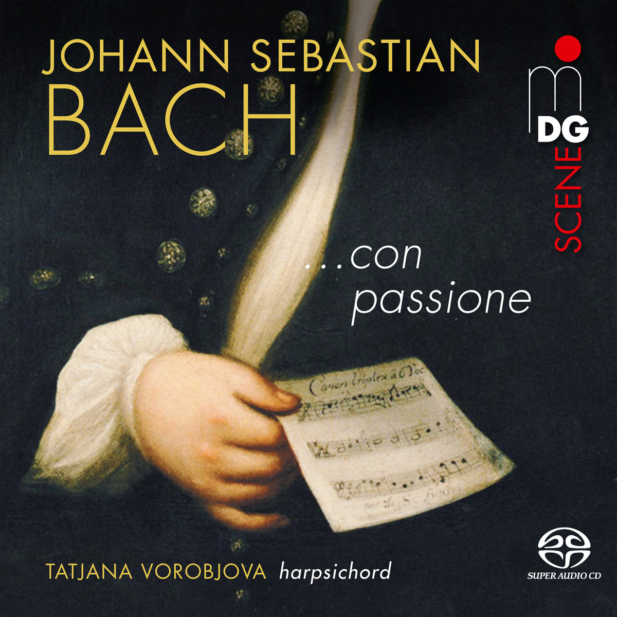 CD cover: portrait detail, musical score, text “Johann Sebastian Bach” and artist name.