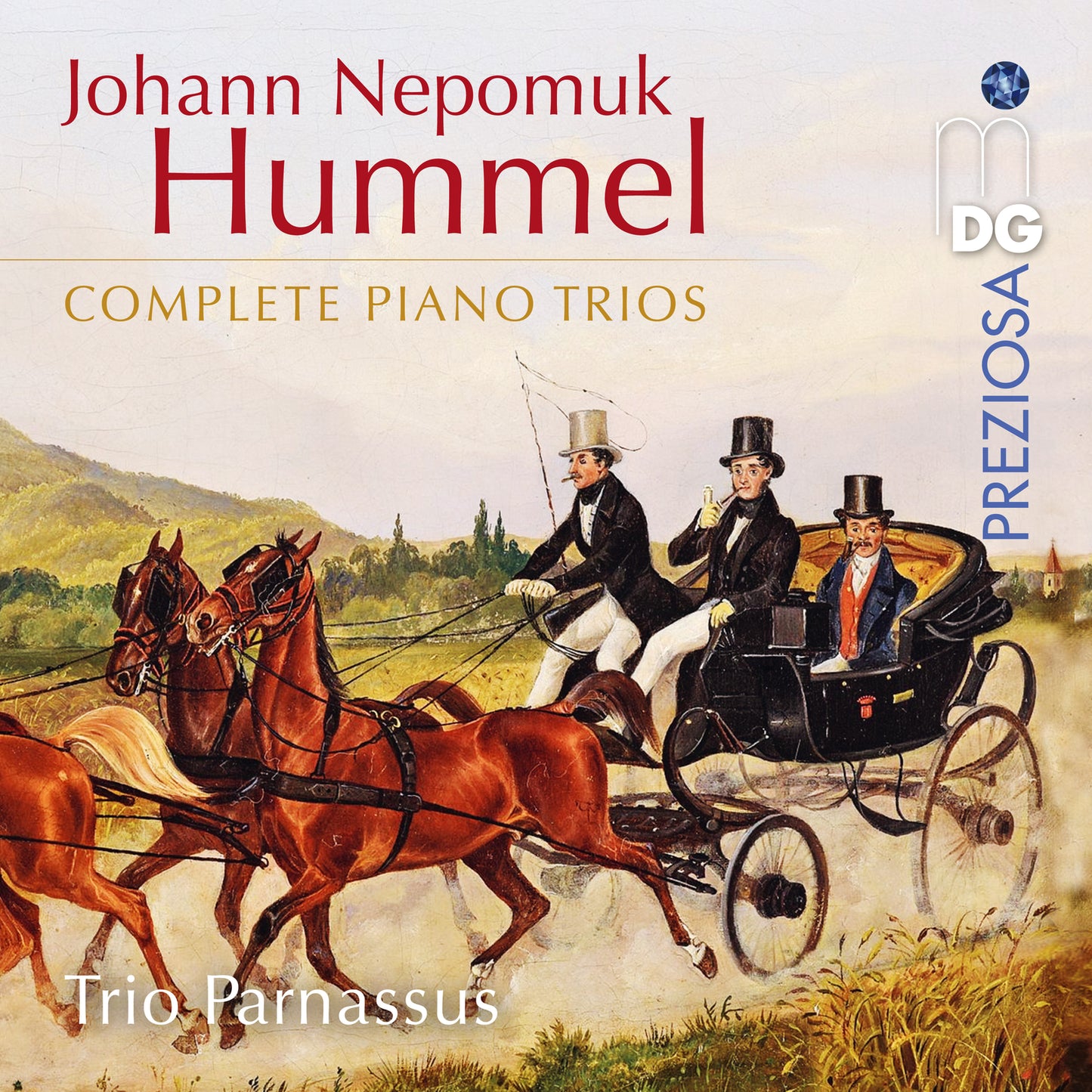 CD cover for Hummel’s piano trios featuring a horse-drawn carriage scene.