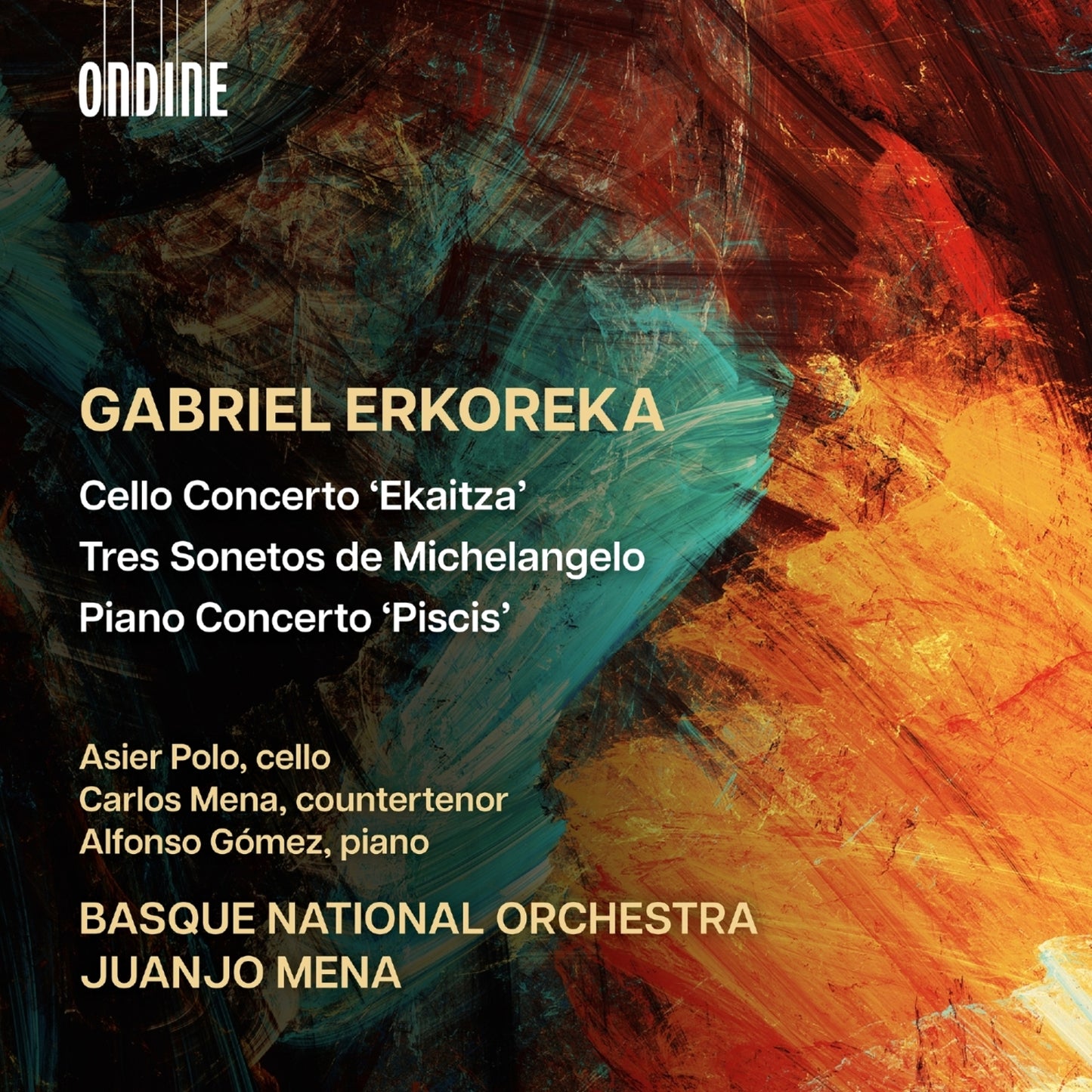 CD cover with abstract red and blue brushstrokes, composer Gabriel Erkoreka’s name.